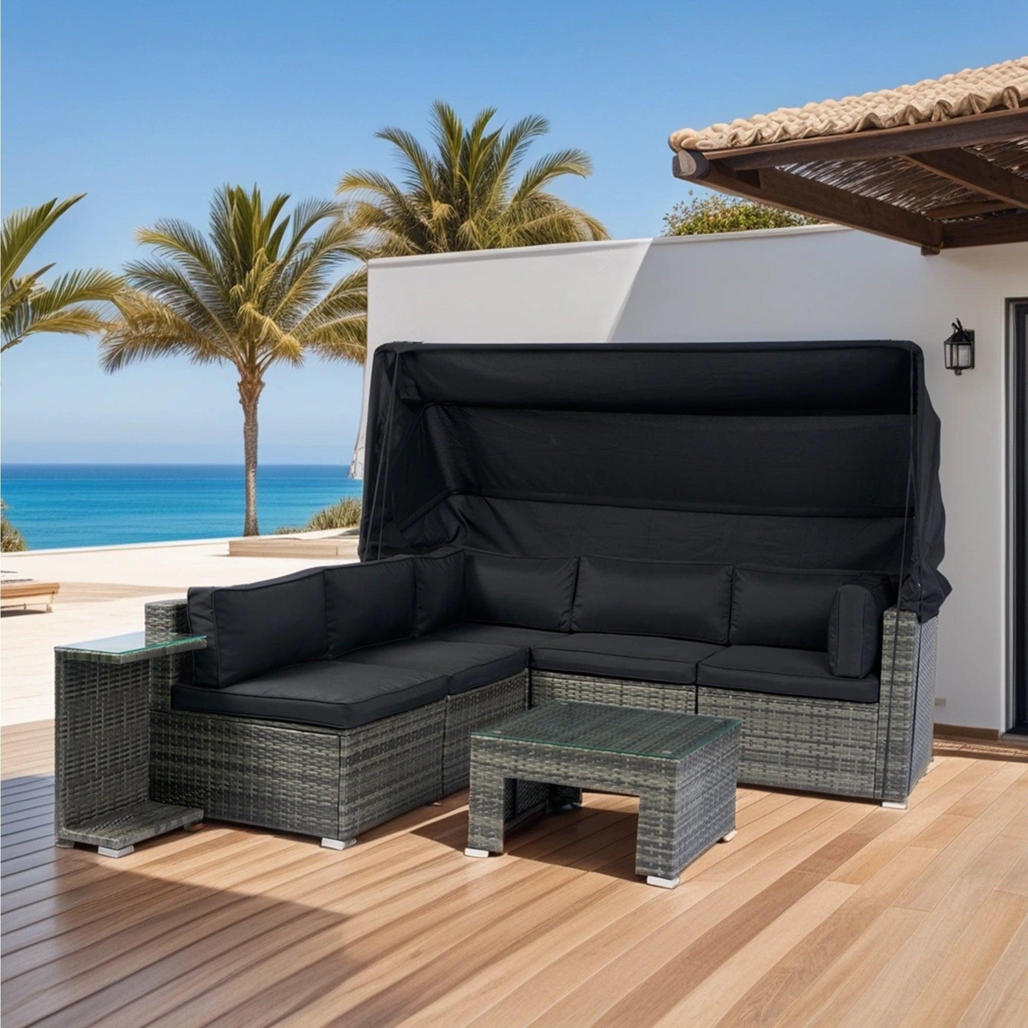 🆓🚛 7-Piece Patio Furniture Set w/Retractable Canopy Wicker Rattan Sectional Sofa Set Patio Furniture with Washable Cushions, Gray wicker + Black Cushion