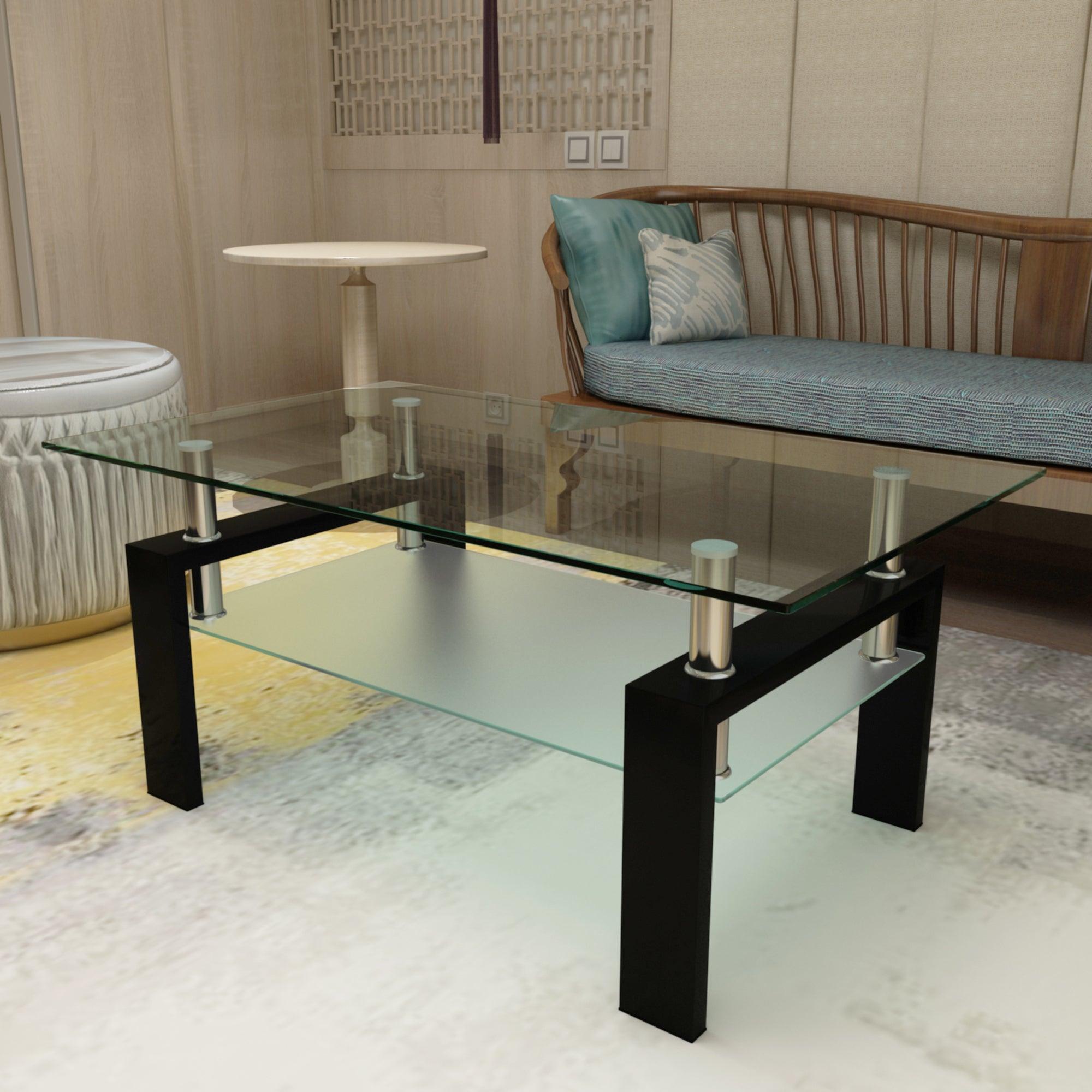 🆓🚛 Rectangle Black Glass Coffee Table, Clear Coffee Table, Modern Side Center Tables for Living Room, Living Room Furniture