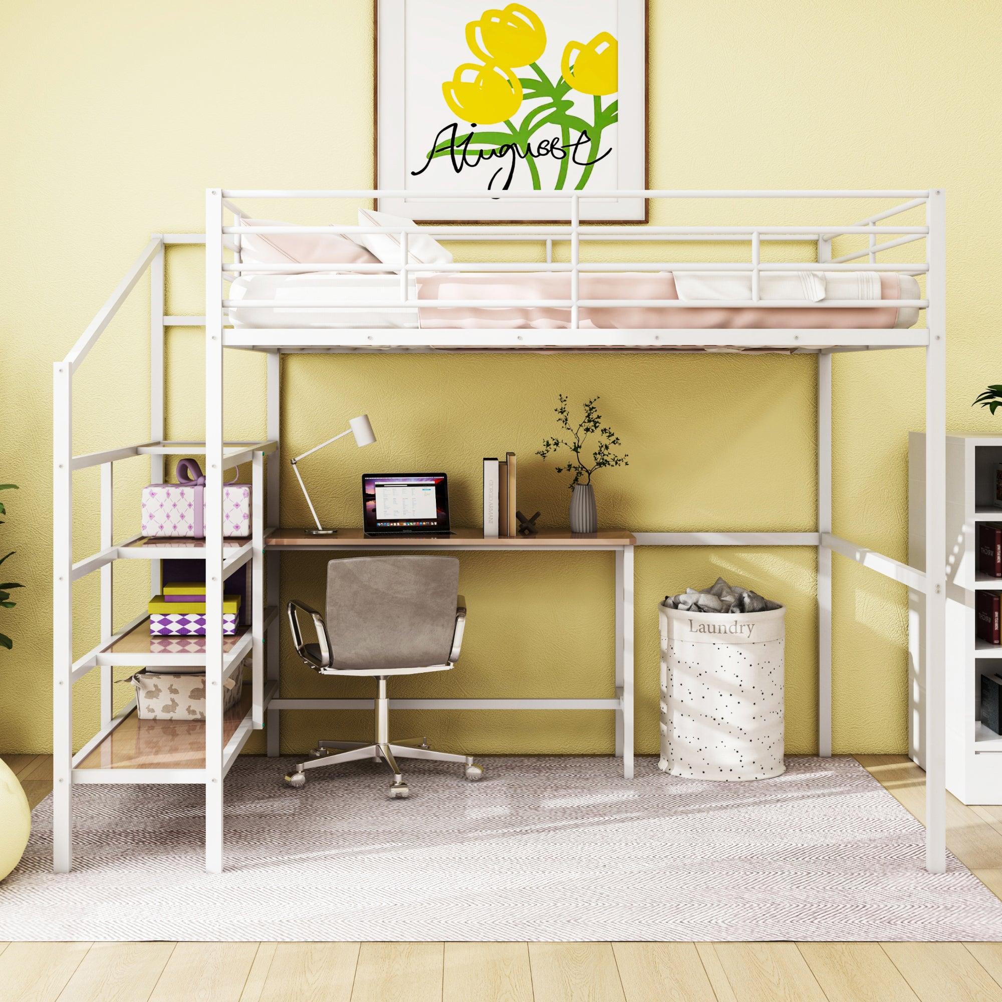 Full Size Metal Loft Bed with Desk and Lateral Storage Ladder, White