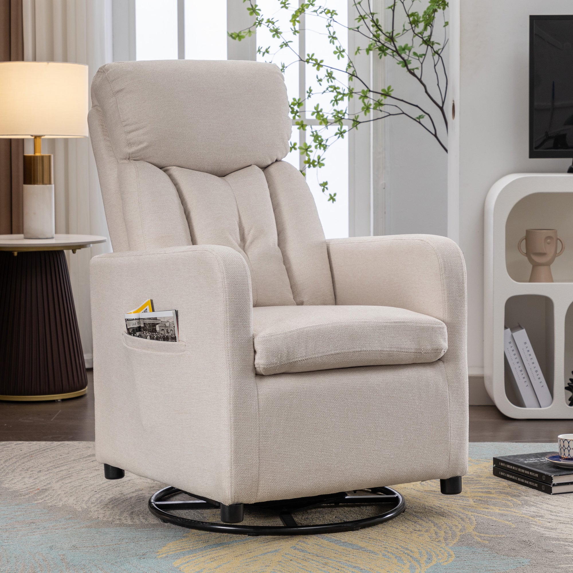 🆓🚛 Linen Fabric Swivel Rocking Chair Gilder Chair With Pocket, Beige
