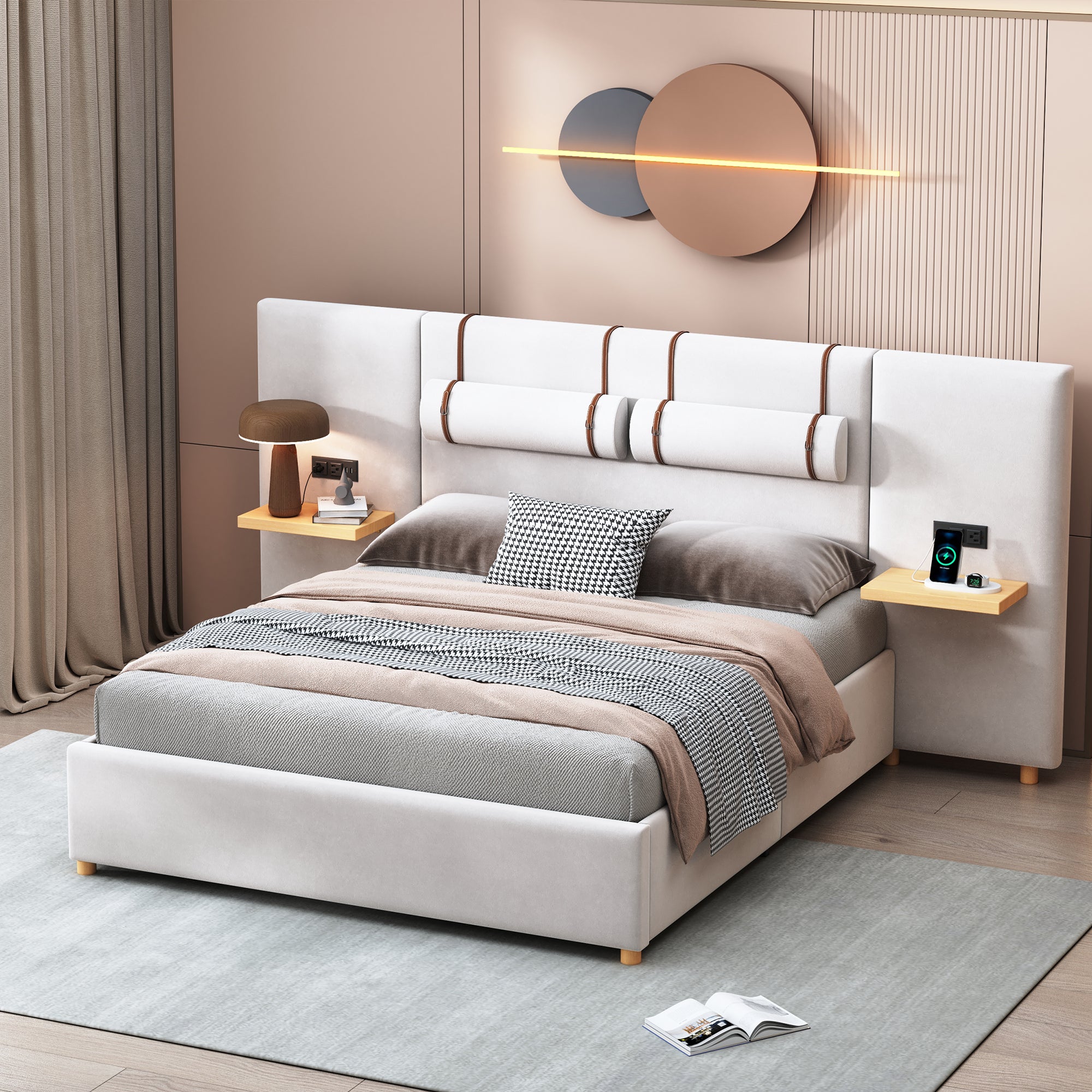 Queen Size Upholstered Platform Bed, Two Outlets and USB Charging Ports on Both Sides, Two Bedside Pillows, Storage Shelves,Velvet, Beige