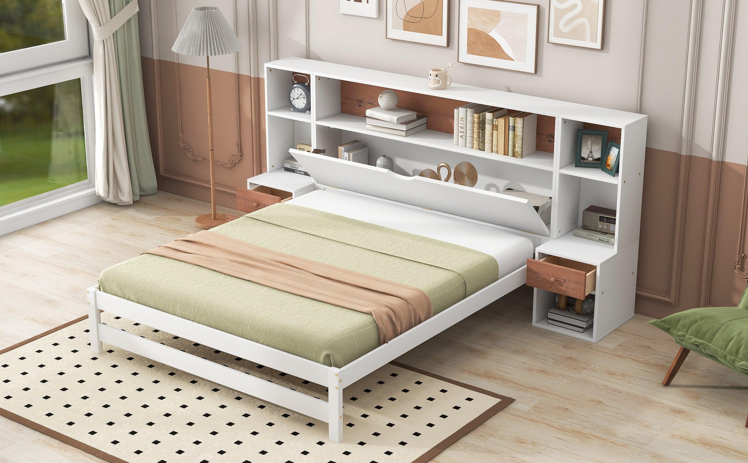 Full Size Platform Bed with Storage Headboard and Drawers, White