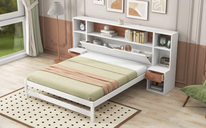 Full Size Platform Bed with Storage Headboard and Drawers, White