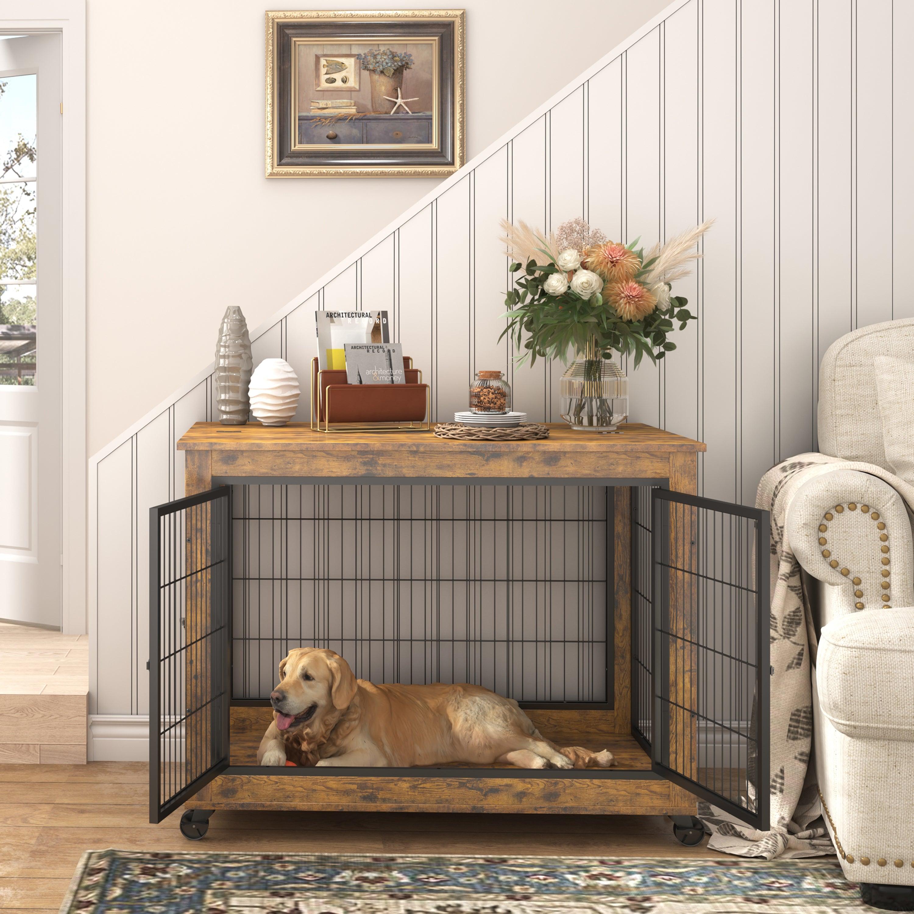 Furniture Dog Cage Crate With Double Doors, Rustic Brown, 38.58'' W X 25.2'' D X 27.17'' H