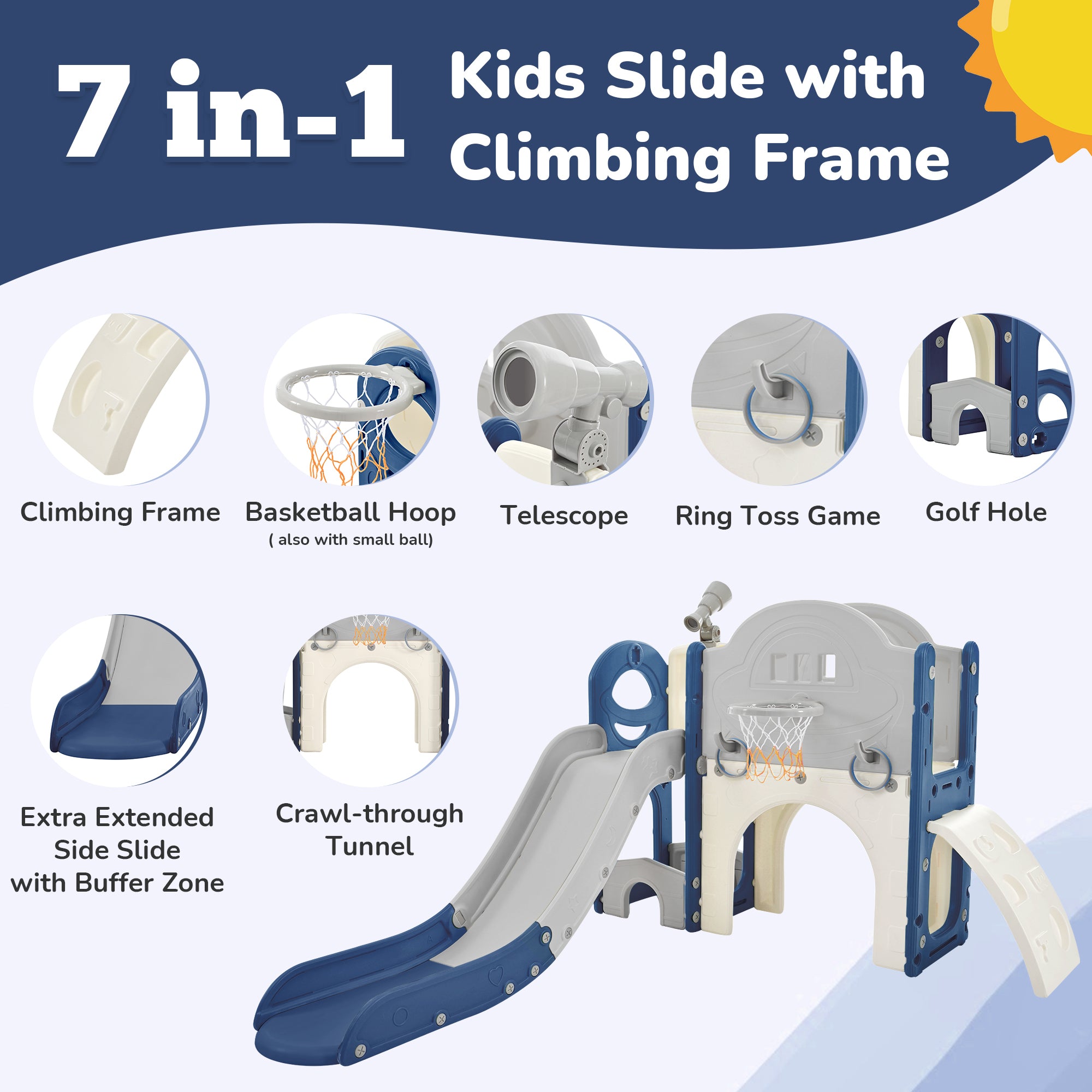 🆓🚛 Kids Slide Playset Structure 7 In 1, Freestanding Spaceship Set With Slide, Arch Tunnel, Ring Toss & Basketball Hoop, Toy Storage Organizer for Toddlers, Kids Climbers Playground, Blue & Gray