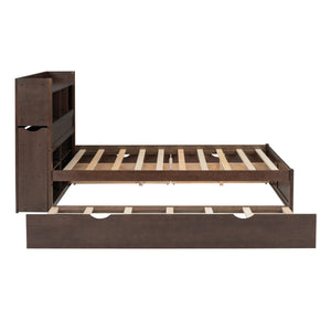 Full Size Storage Platform Bed with Pull Out Shelves, Twin Size Trundle and 2 Drawers, Espresso