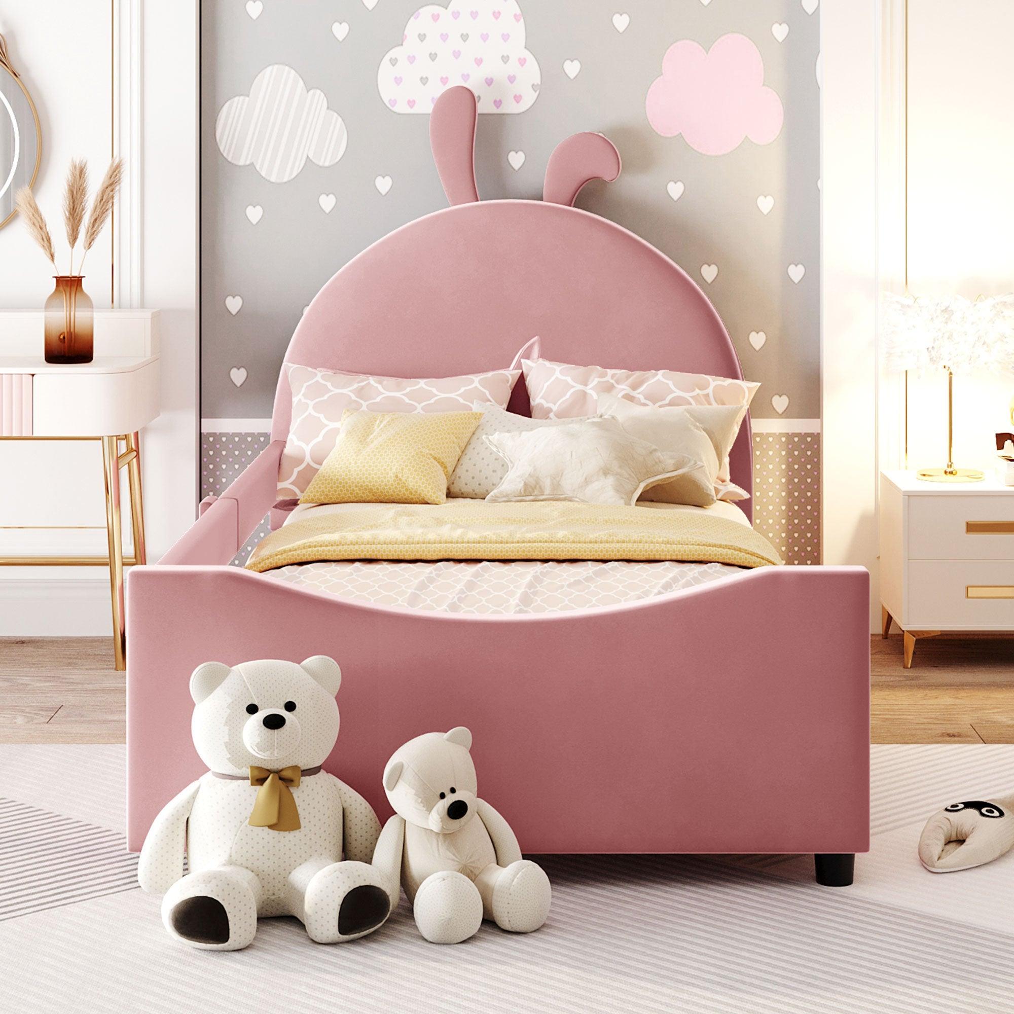🆓🚛 Twin Size Upholstered Daybed With Rabbit Ear Shaped Headboard, Pink