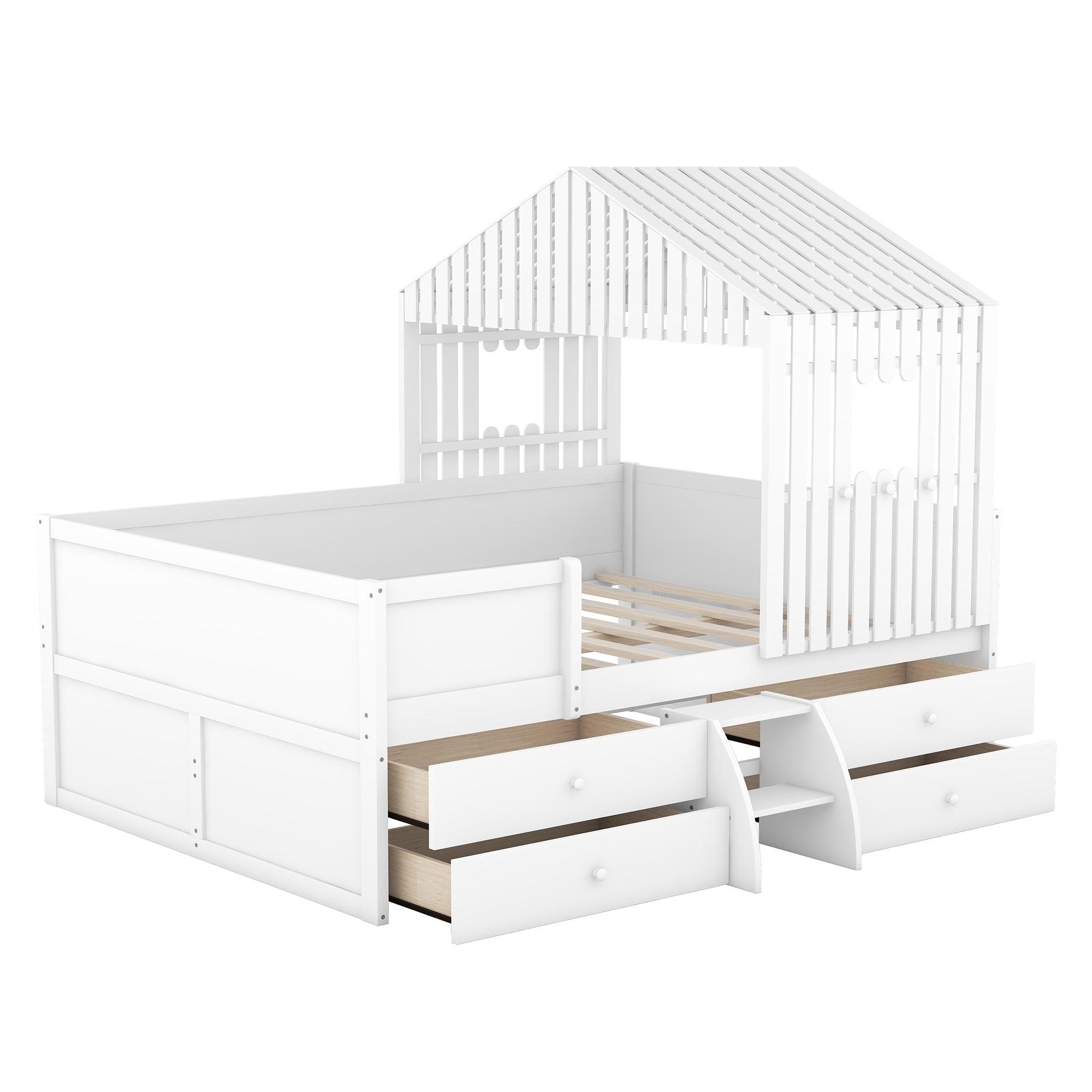 Full Size House Low Loft Bed with Four Drawers, White