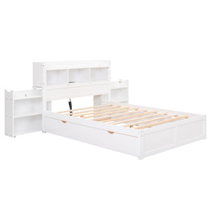 Full Size Storage Platform Bed with Pull Out Shelves, Twin Size Trundle and 2 Drawers, White