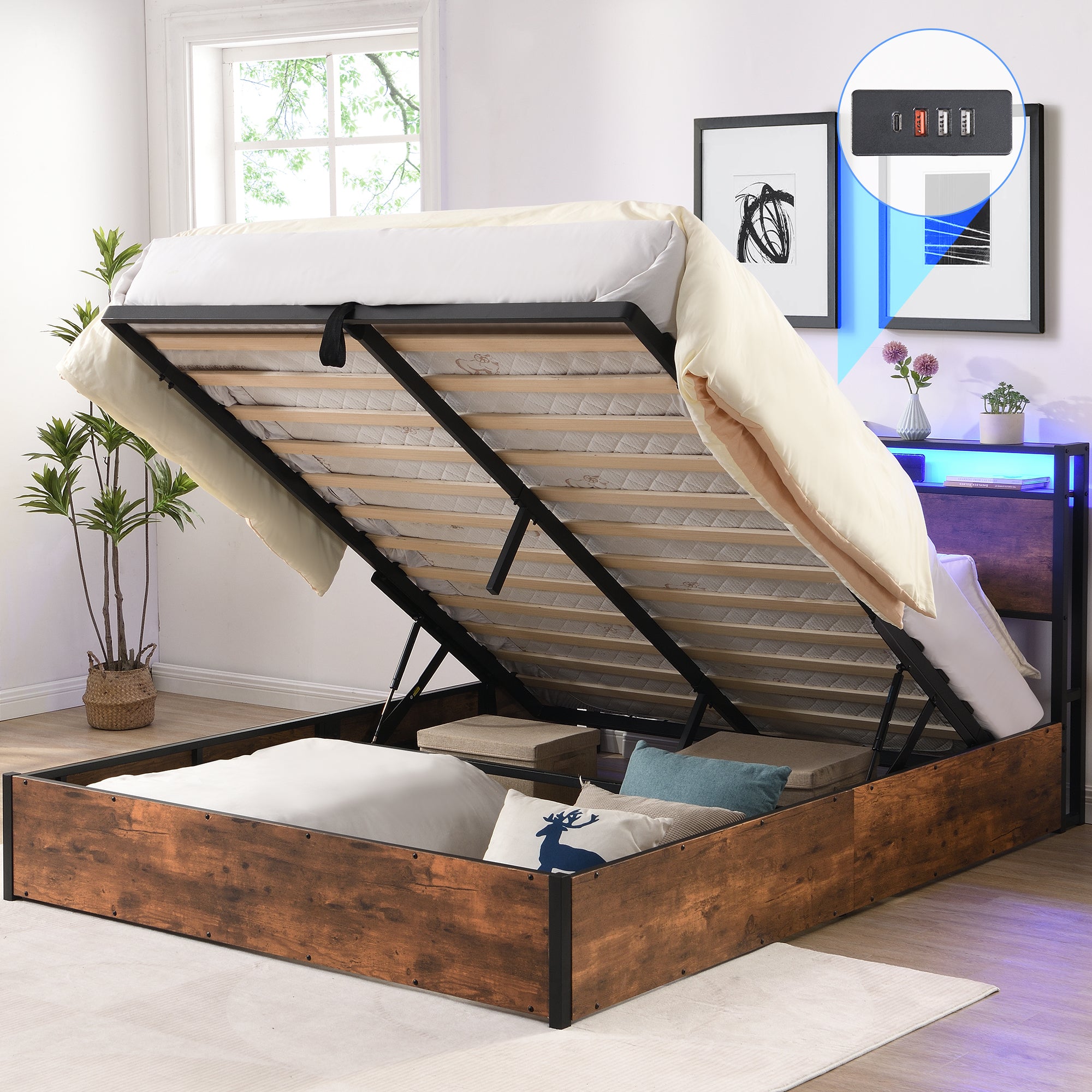 Lift-Up Storage Bed Frame, Queen Size Bed Frame With Bookcase Headboard & Led Lights, Wooden Platform Bed Frame With Charging Station, No Spring Box Needed, Rustic Brown