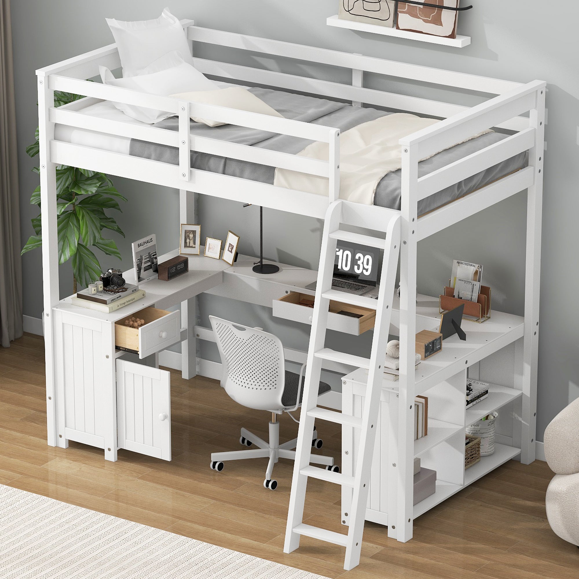 Full Size Loft Bed with U-shaped Desk, Drawers and Storage Shelves, White