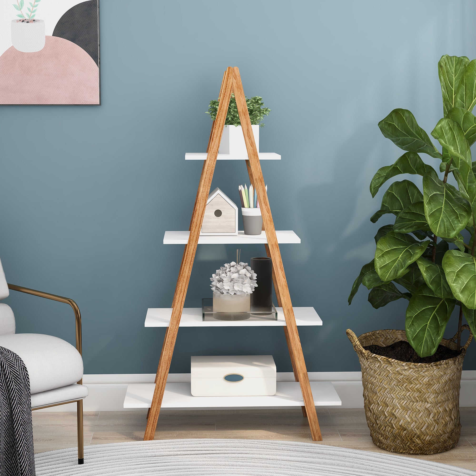 🆓🚛 Solid Bamboo Wood Oxford "A" Shape Ladder Display Bookshelf