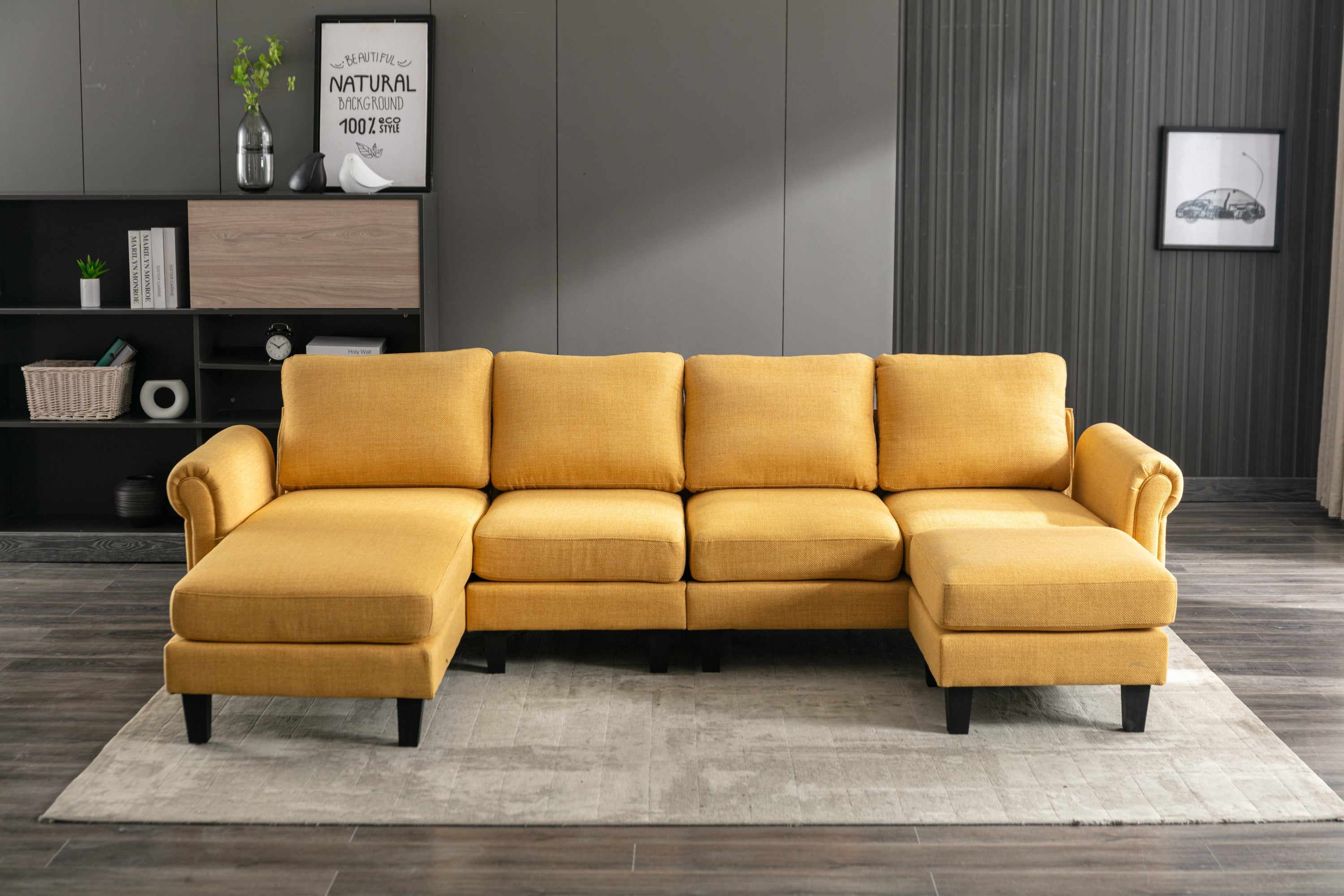 🆓🚛 108" L-Shaped 4-Seater Sectional Sofa Couch With Ottoman, Yellow