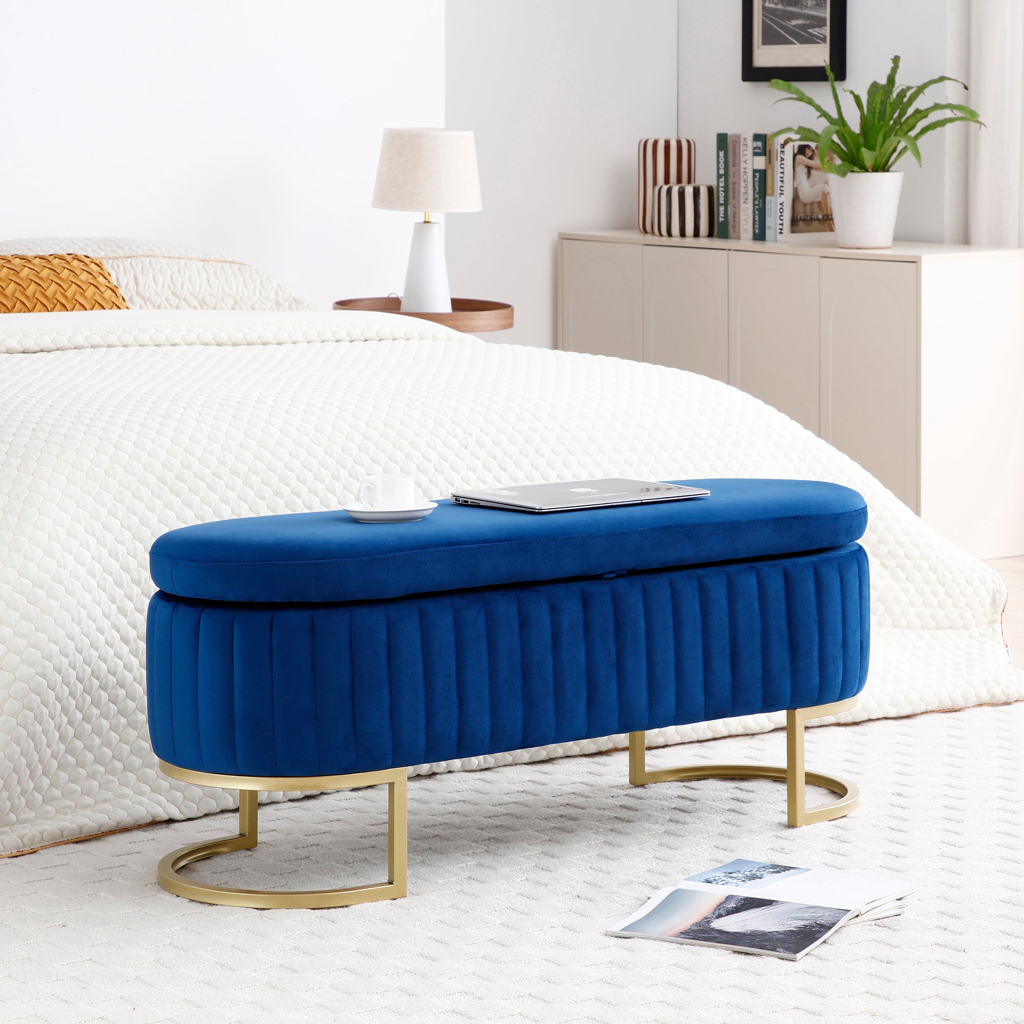 Storage Bench Bedroom Bench, Velvet Oval Upholstered End of Bed Bench with Golden Metal Legs, 50'Modern Storage Ottoman Bench for Bedroom, Living Room, Entryway, Window, Blue