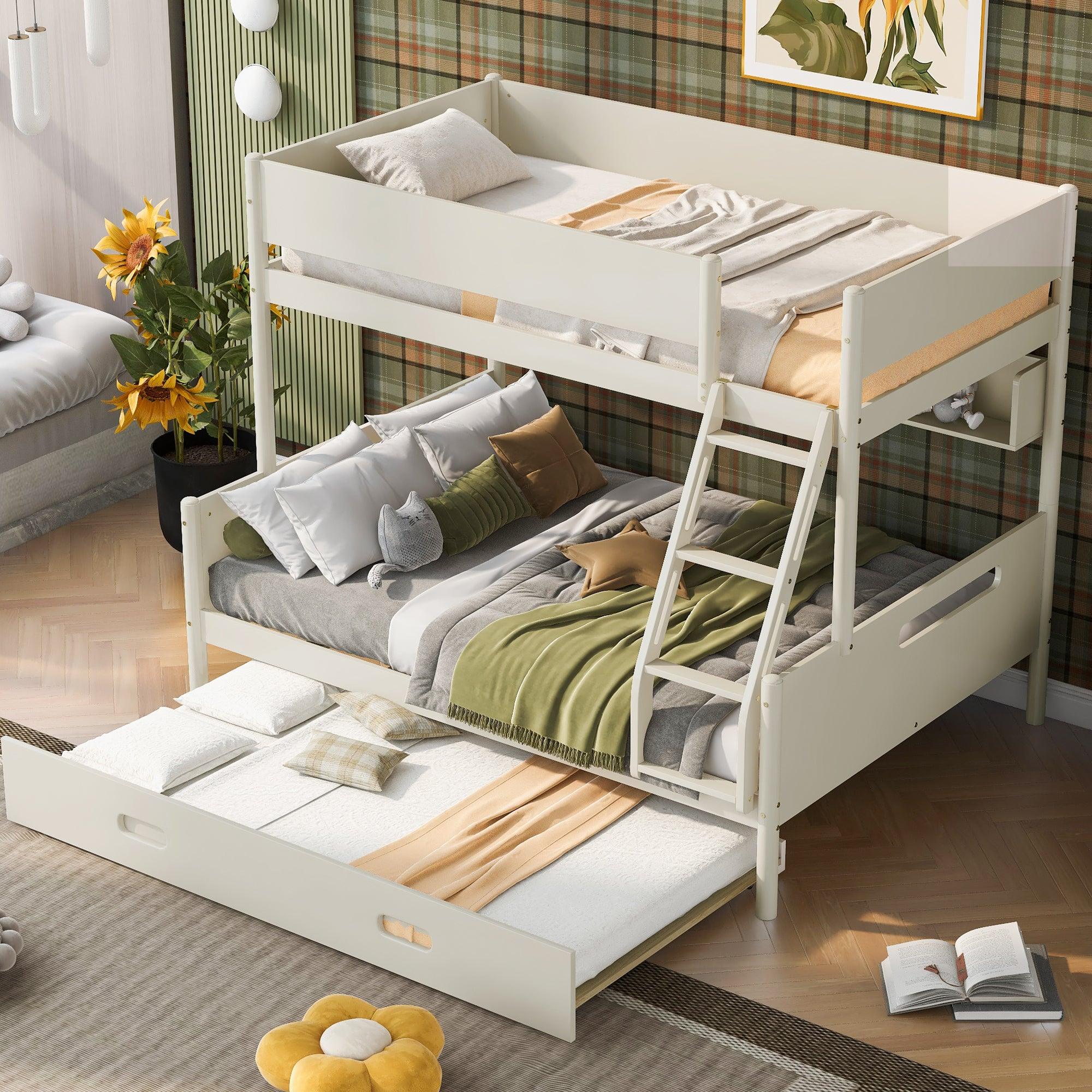 🆓🚛 Wood Twin Over Full Bunk Bed With Storage Shelves & Twin Size Trundle, Cream