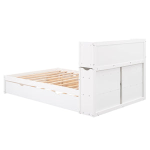 Full Size Storage Platform Bed with Pull Out Shelves, Twin Size Trundle and 2 Drawers, White