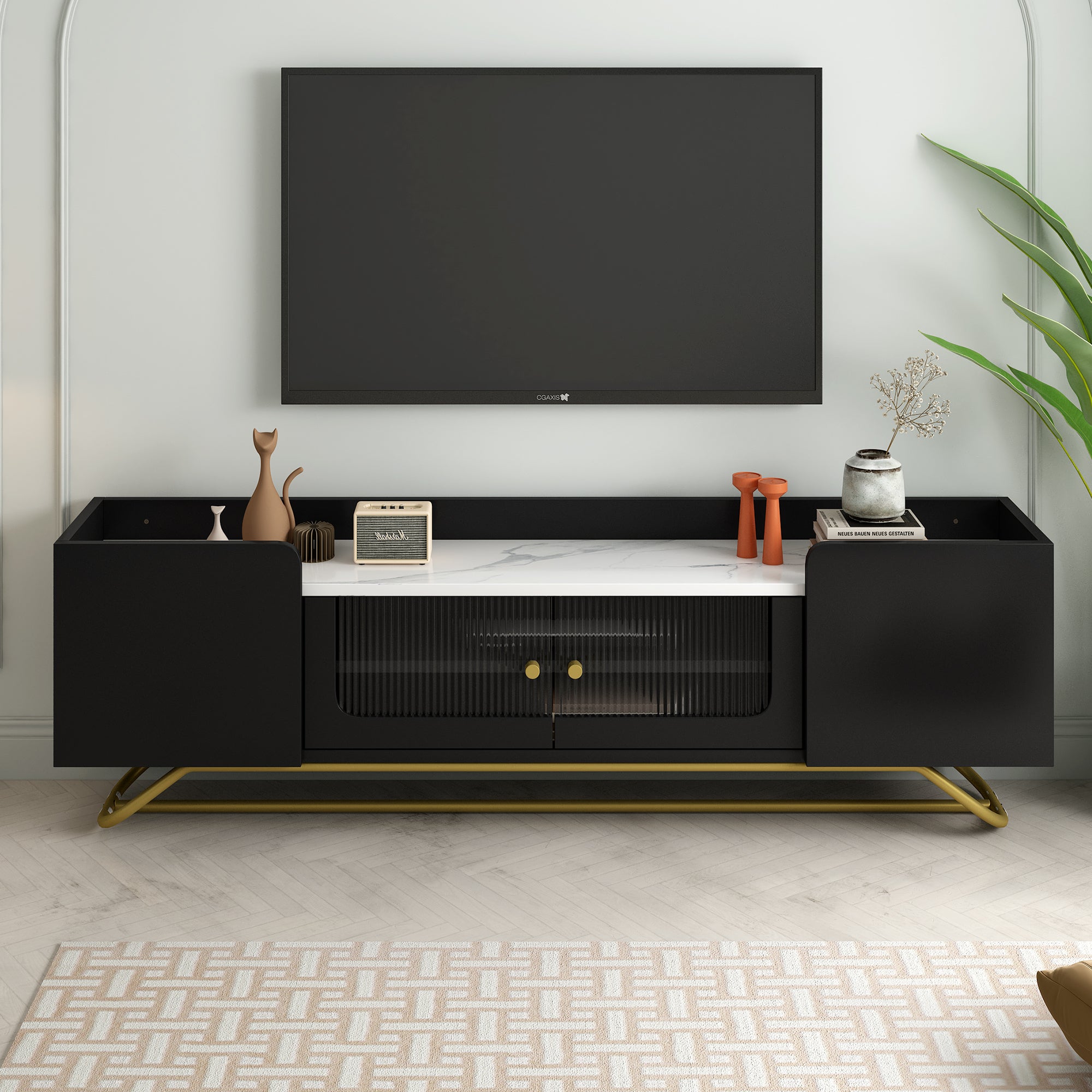 🆓🚛 Sleek Design TV Stand With Fluted Glass, Contemporary Entertainment Center for TV'S Up To 70", Faux Marble Top TV Console Table With Gold Frame Base, Black