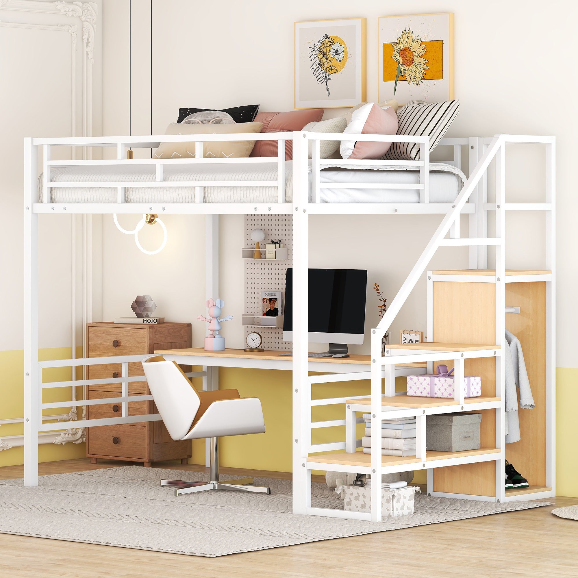 🆓🚛 Full Size Metal Loft Bed With Desk, Storage Staircase and Small Wardrobe, (Stairs Can Be Installed Left & Right), White