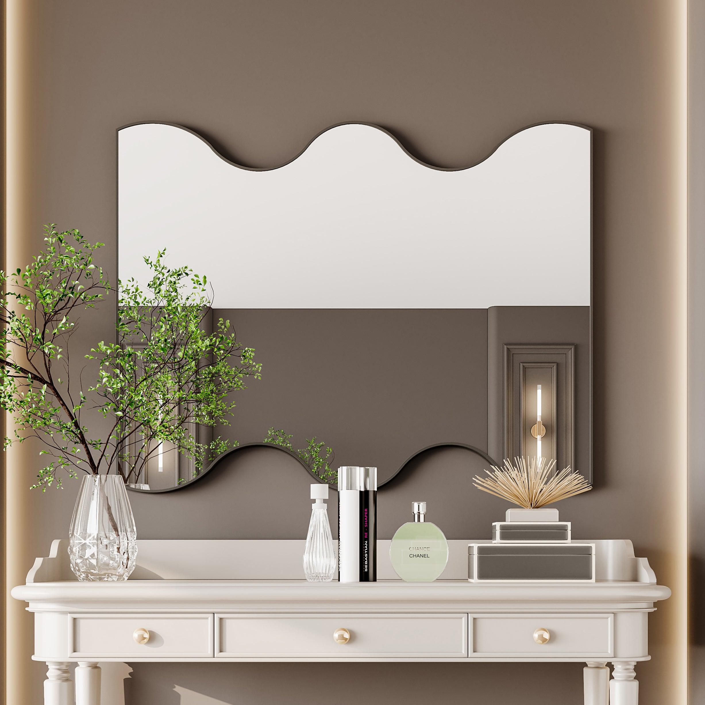 🆓🚛 Wall Mirror 30X35" Black Rectangular Mirror With 2 Wavy Sides Metal Framed Mirror