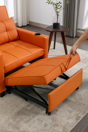 Futon Chair Bed Convertible Chair 3-in-1 Pull Out Sleeper Chair Beds with USB Ports, Wear-resistant and Anti-scratch, Armchair Bed Sleeper for Living Room (Orange Leather)