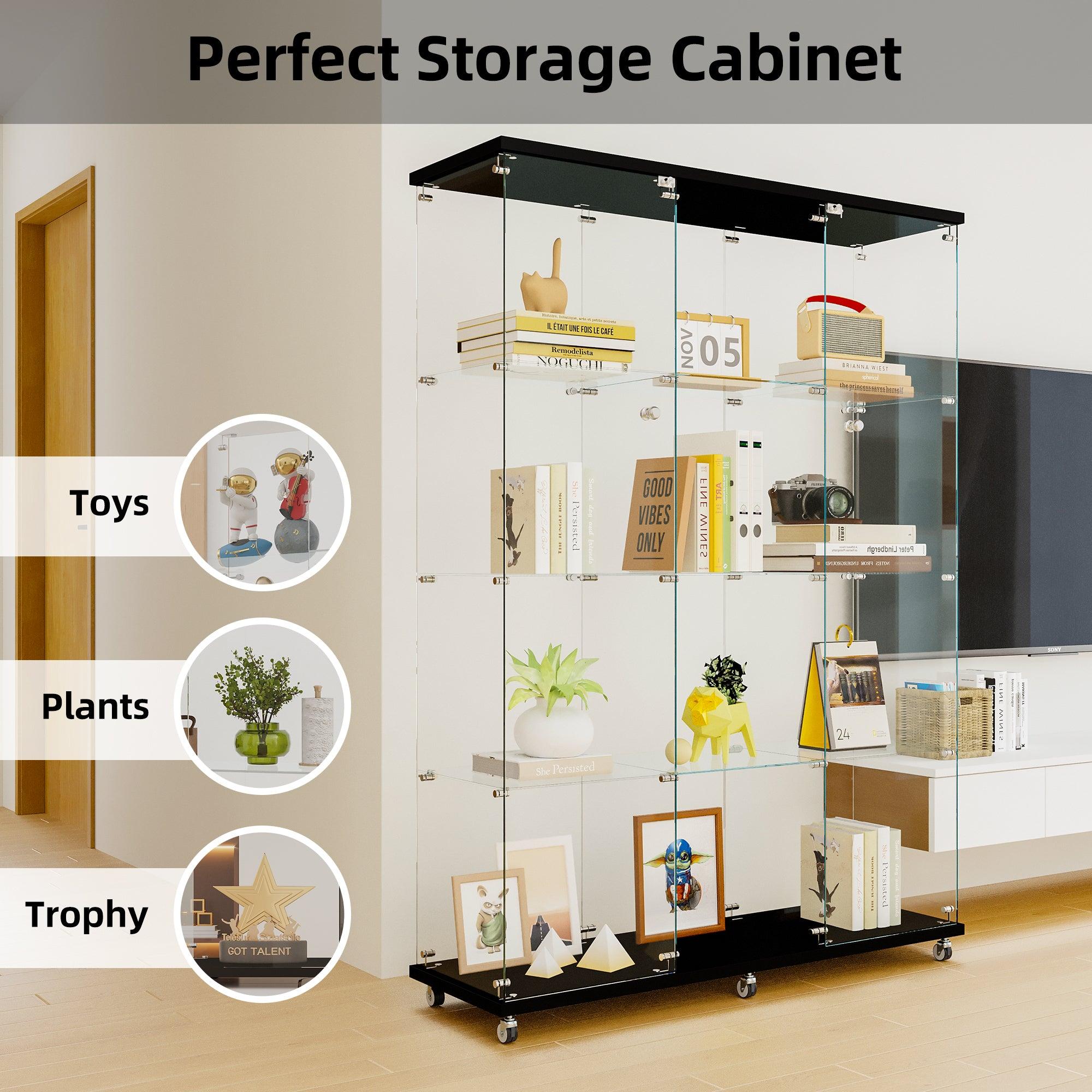 Glass Display Cabinet with 4 Shelves Extra Large, Curio Cabinets for Living Room, Bedroom, Office, Black Floor Standing Glass Bookshelf, Quick Installation