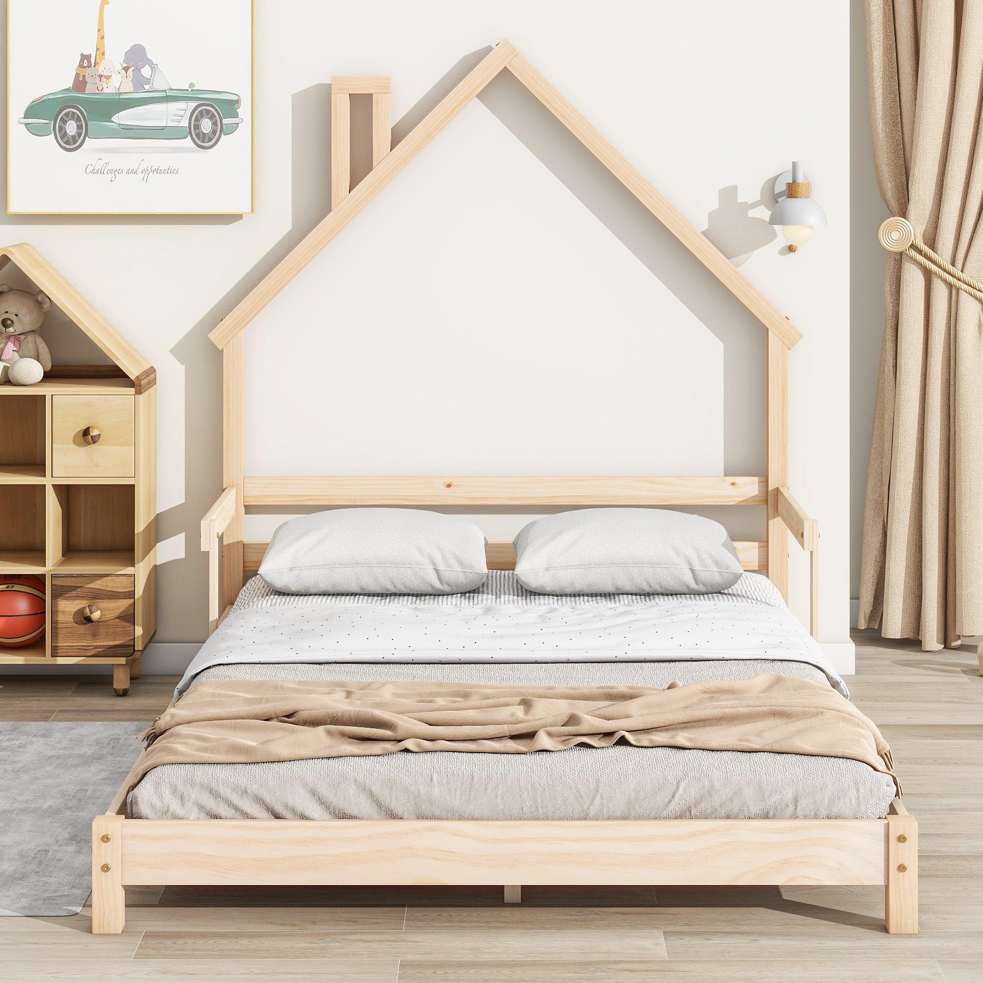 🆓🚛 Full House-Shaped Headboard Bed With Handrails, Slats, Natural