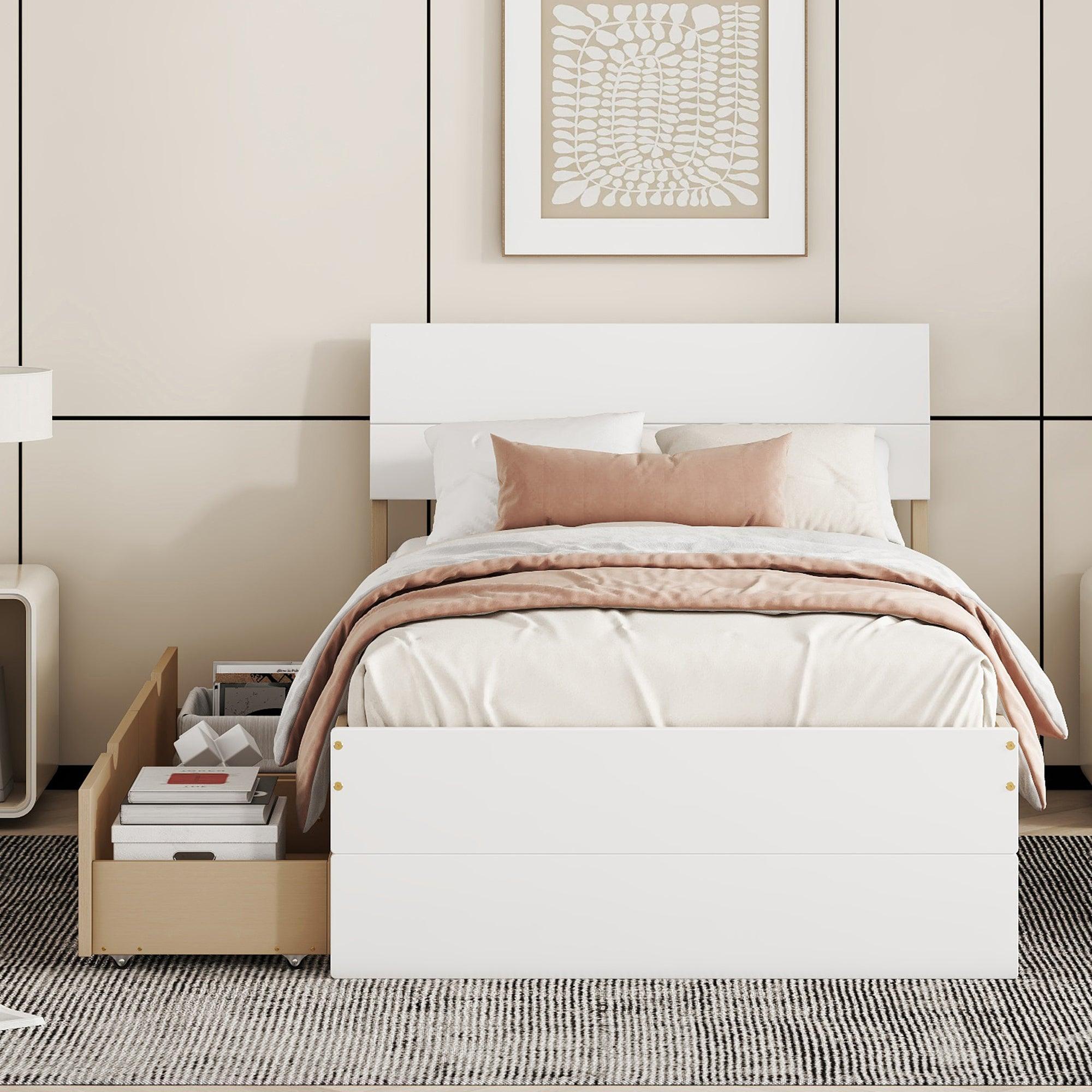 🆓🚛 Modern Twin Bed Frame With 2 Drawers for White High Gloss Headboard & Footboard With Light Oak Color