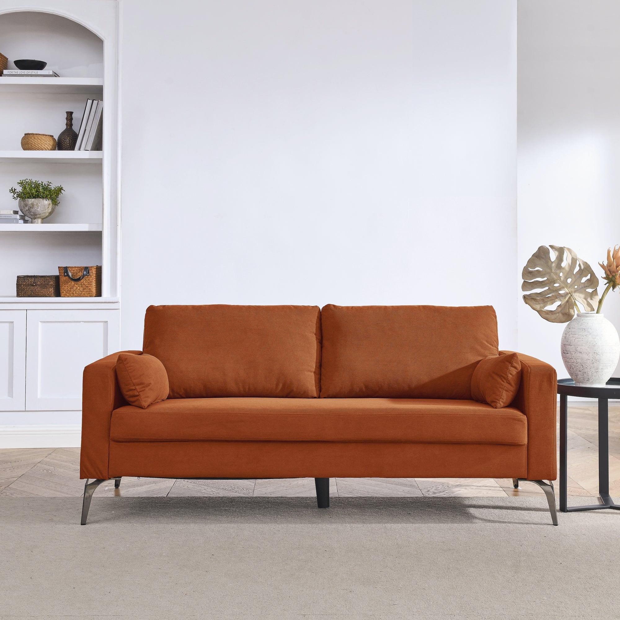 🆓🚛 3-Seater Sofa With Square Arms and Tight Back, With Two Small Pillows, Corduroy Orange