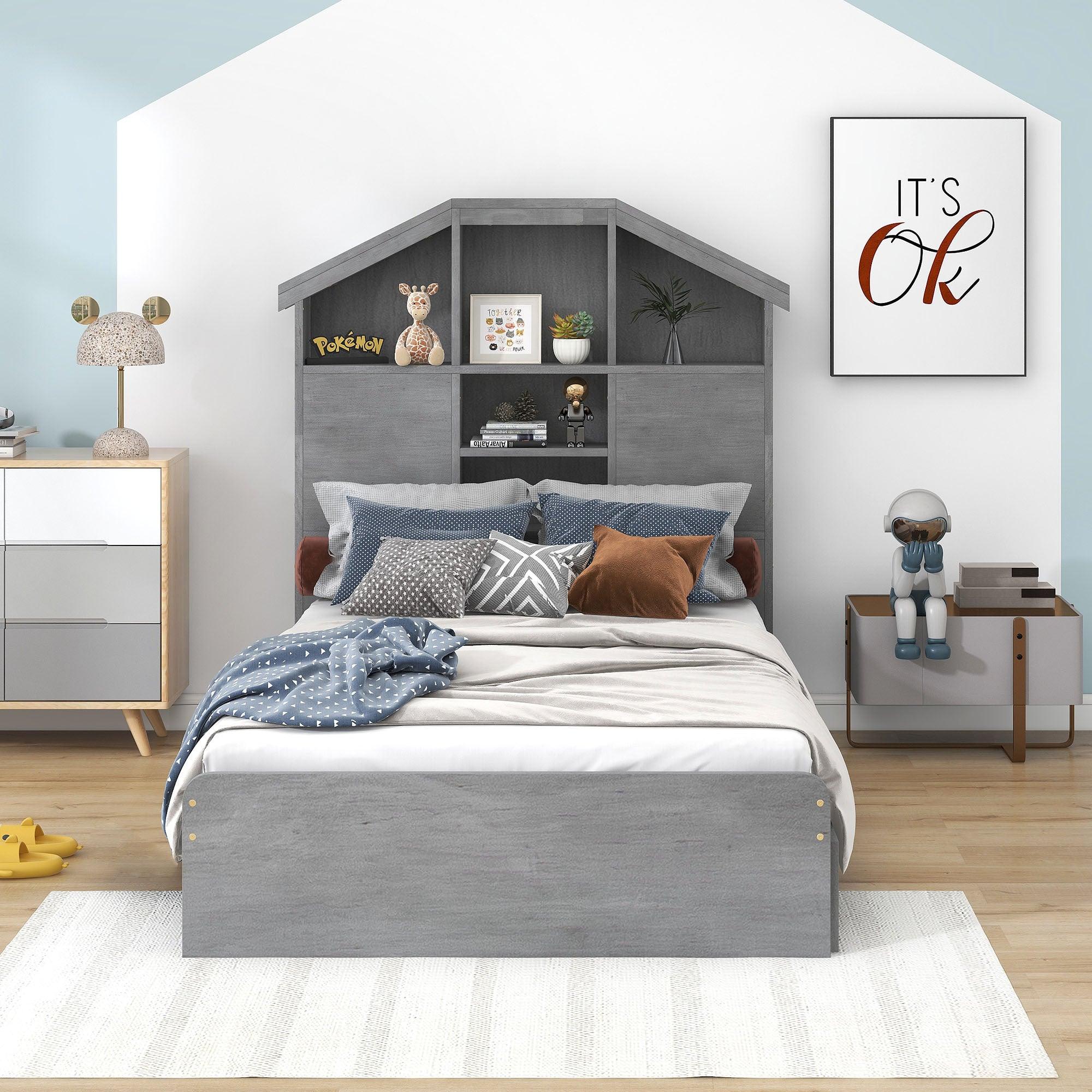 🆓🚛 Twin Size Wood Platform Bed With House-Shaped Storage Headboard & 2 Drawers, Gray