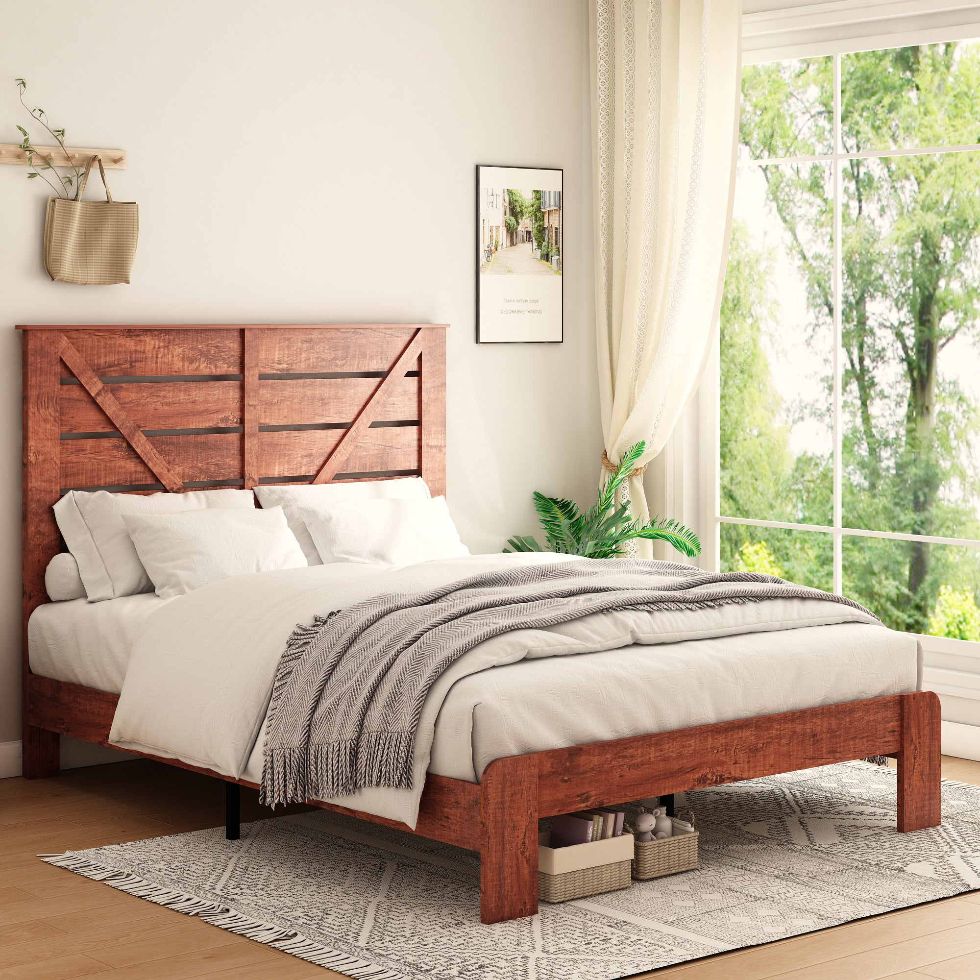 🆓🚛 Full Bed Frame Headboard, Wood Platform Bed Frame, Large Under Bed Storage, Vintage Brown