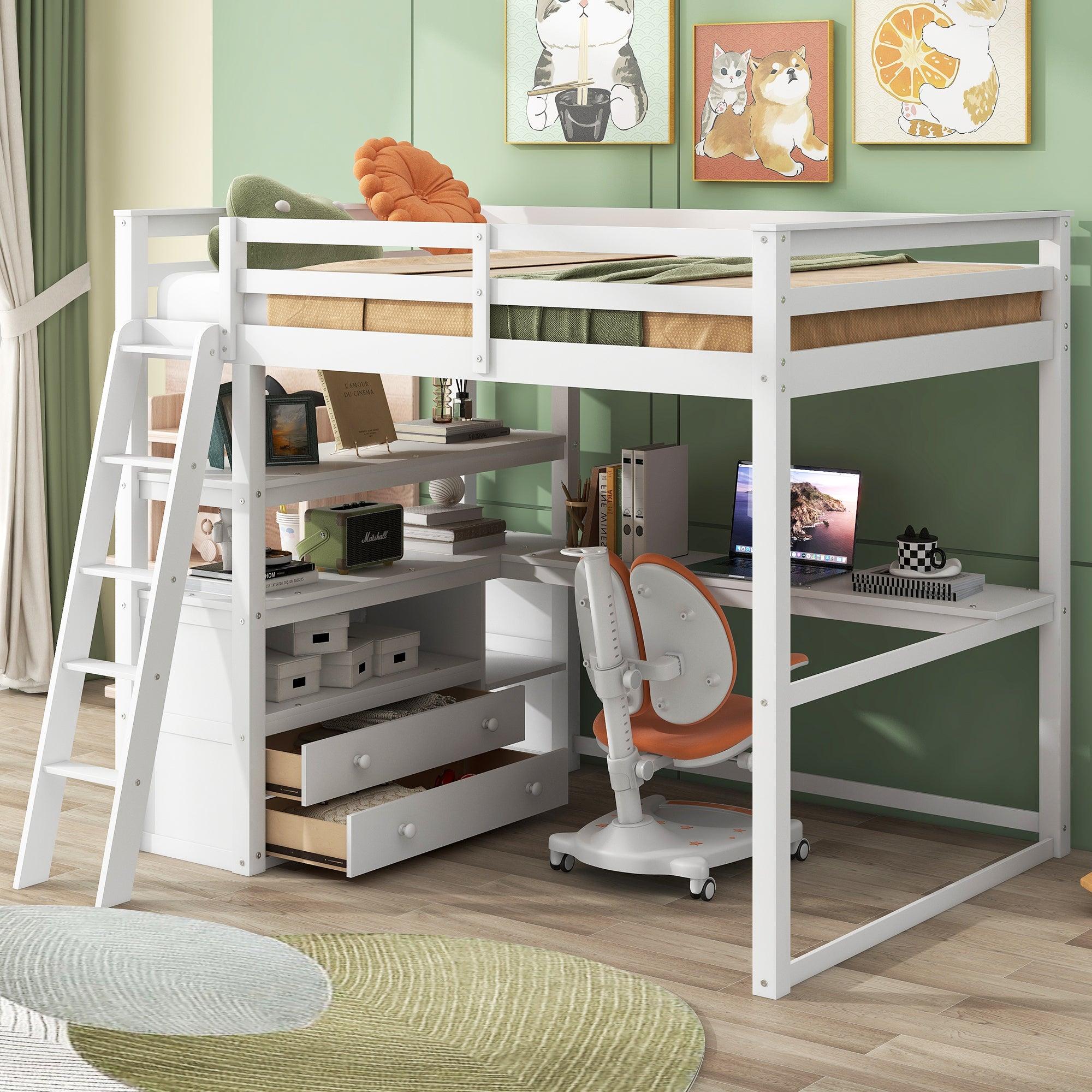 🆓🚛 Full Size Loft Bed With Desk and Shelves, Two Built-in Drawers, White