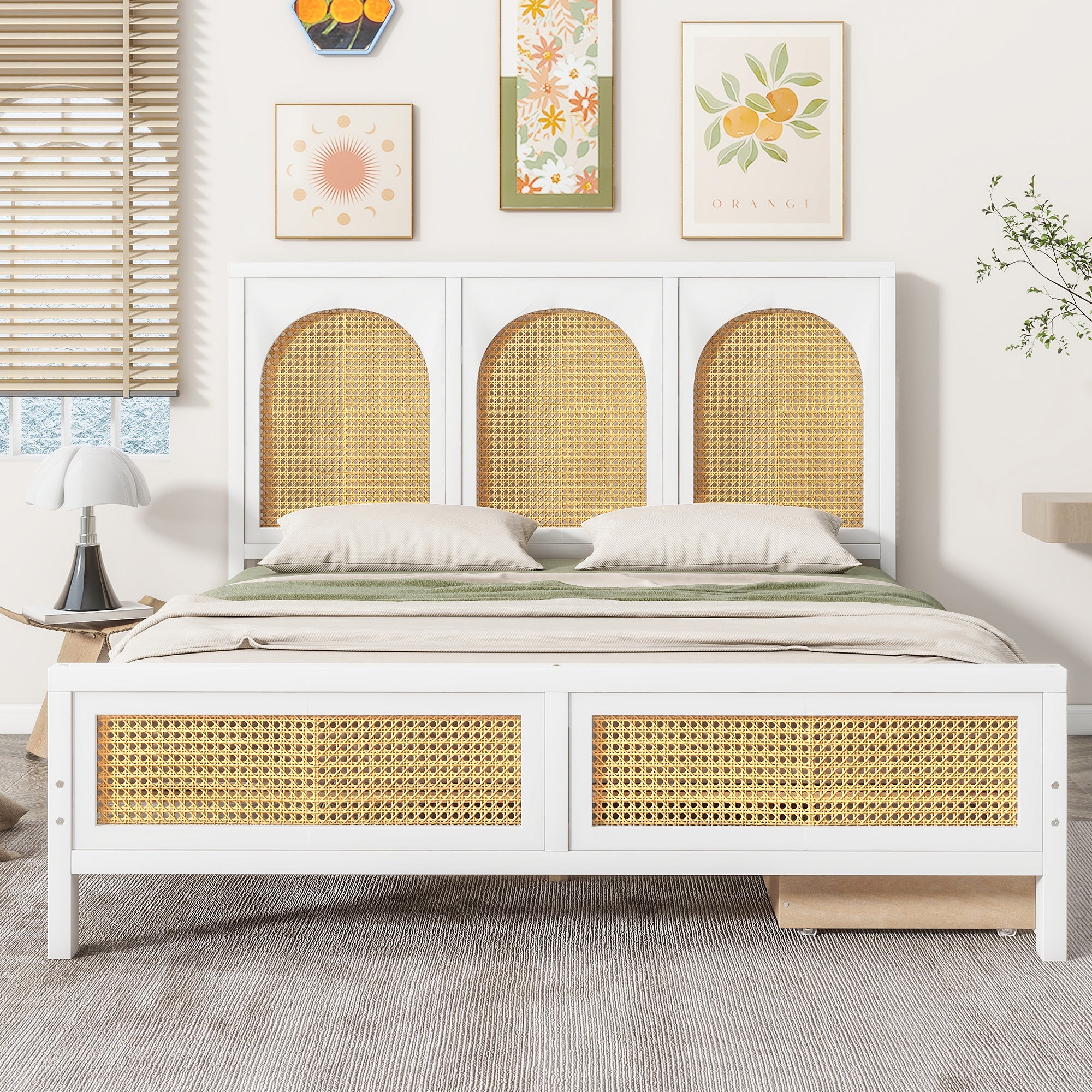 🆓🚛 Full Size Wood Storage Platform Bed With 2 Drawers, Rattan Headboard and Footboard, White