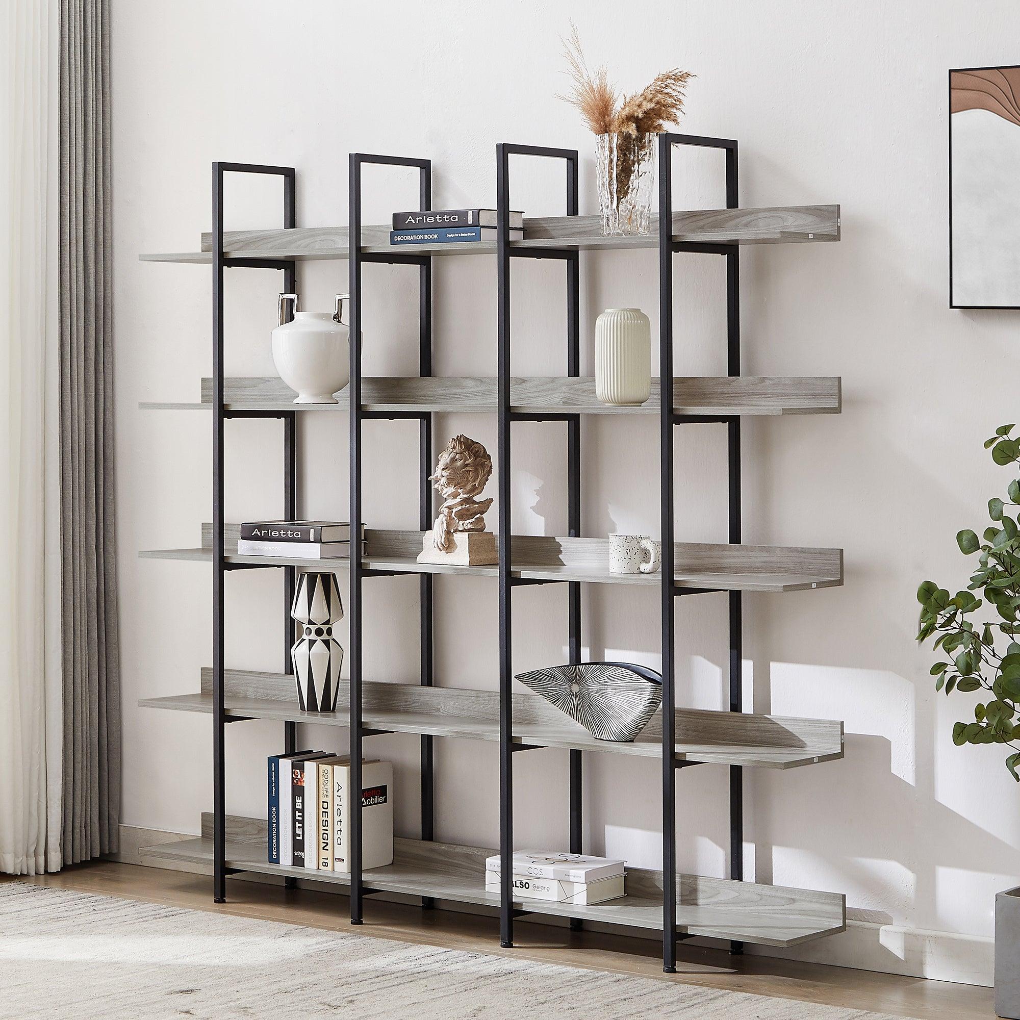 🆓🚛 5 Tier Bookcase Home Office Open Bookshelf, Vintage Industrial Style Shelf With Metal Frame, Gray