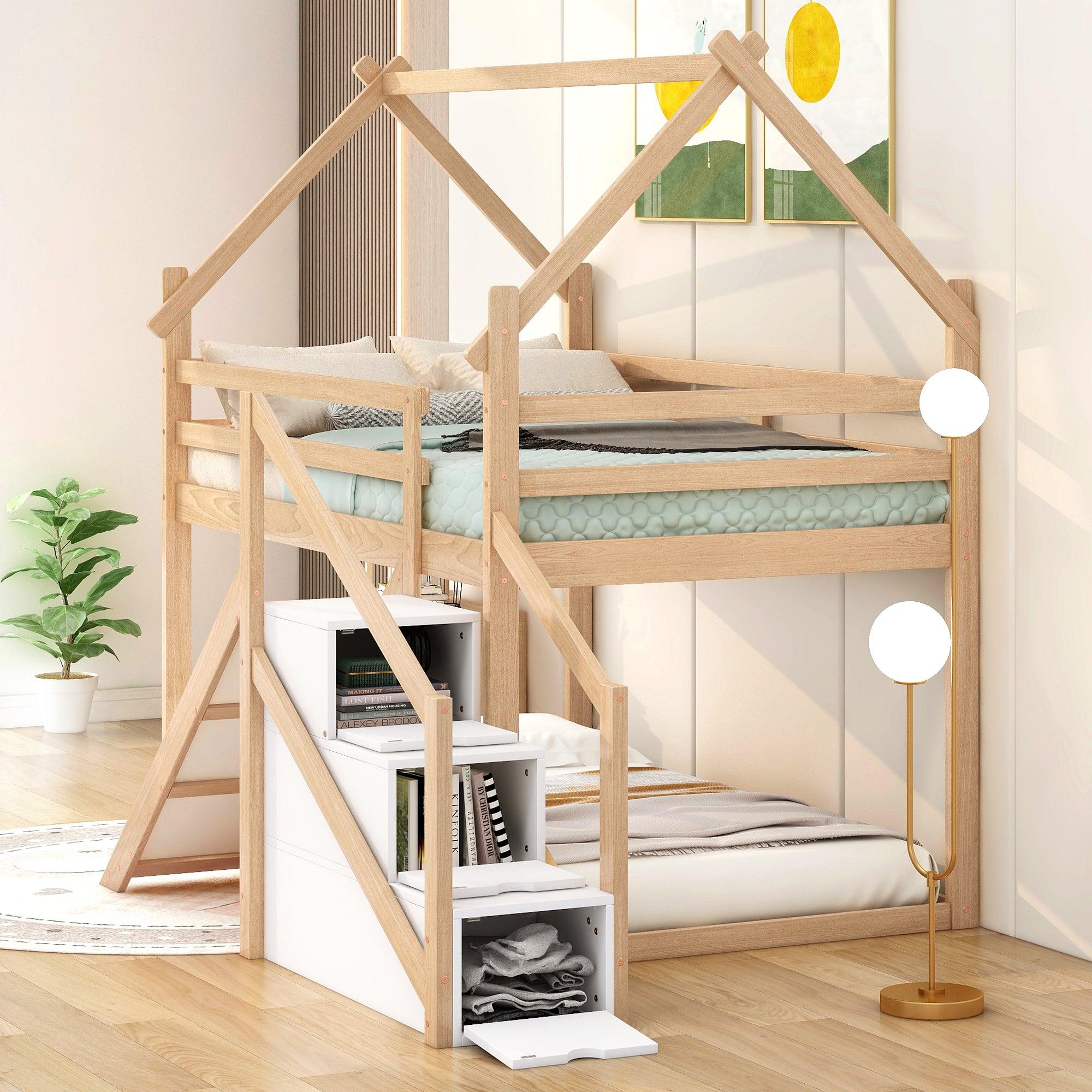 🆓🚛 Twin Over Twin House Loft Or Bunk Bed With Slide & Staircase, Natural