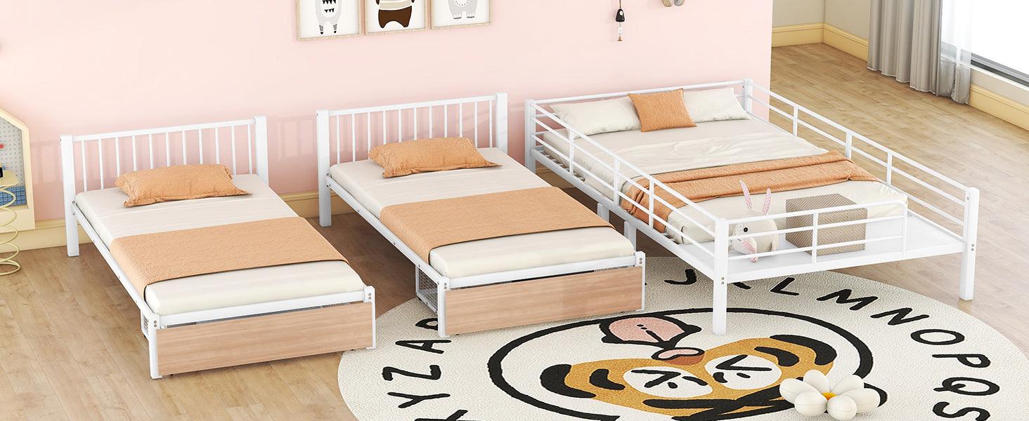 Full Over Twin & Twin Triple Bunk Bed with Drawers, Multi-functional Metal Frame Bed with desks and shelves in the middle, White