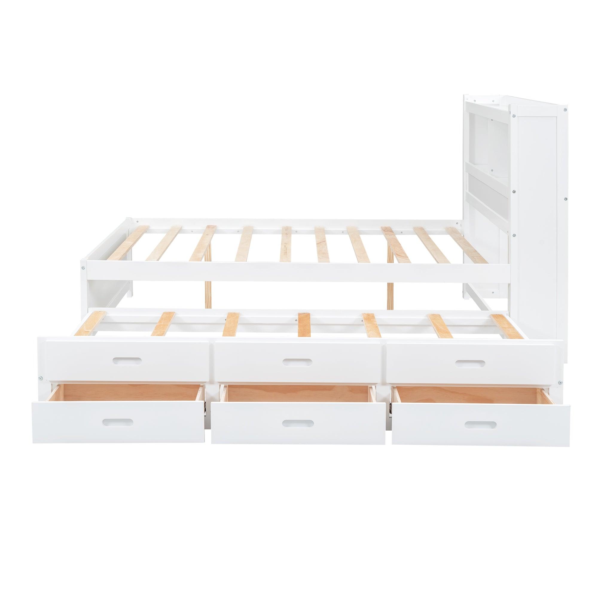 Full Size platform bed with trundle, drawers and USB plugs, White