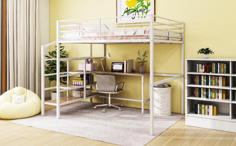 Full Size Metal Loft Bed with Desk and Lateral Storage Ladder, White