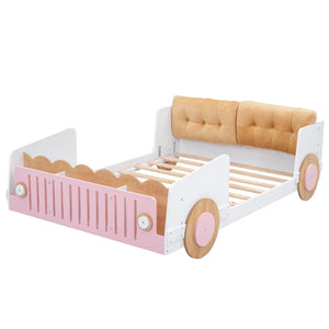 Full size Car-shaped platform bed with Soft cushion and shelves on the footboard, White