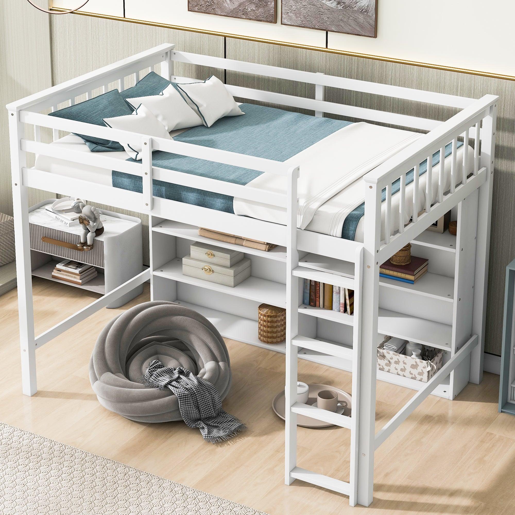 🆓🚛 Twin Size Loft Bed With 8 Open Storage Shelves & Built-in Ladder, White