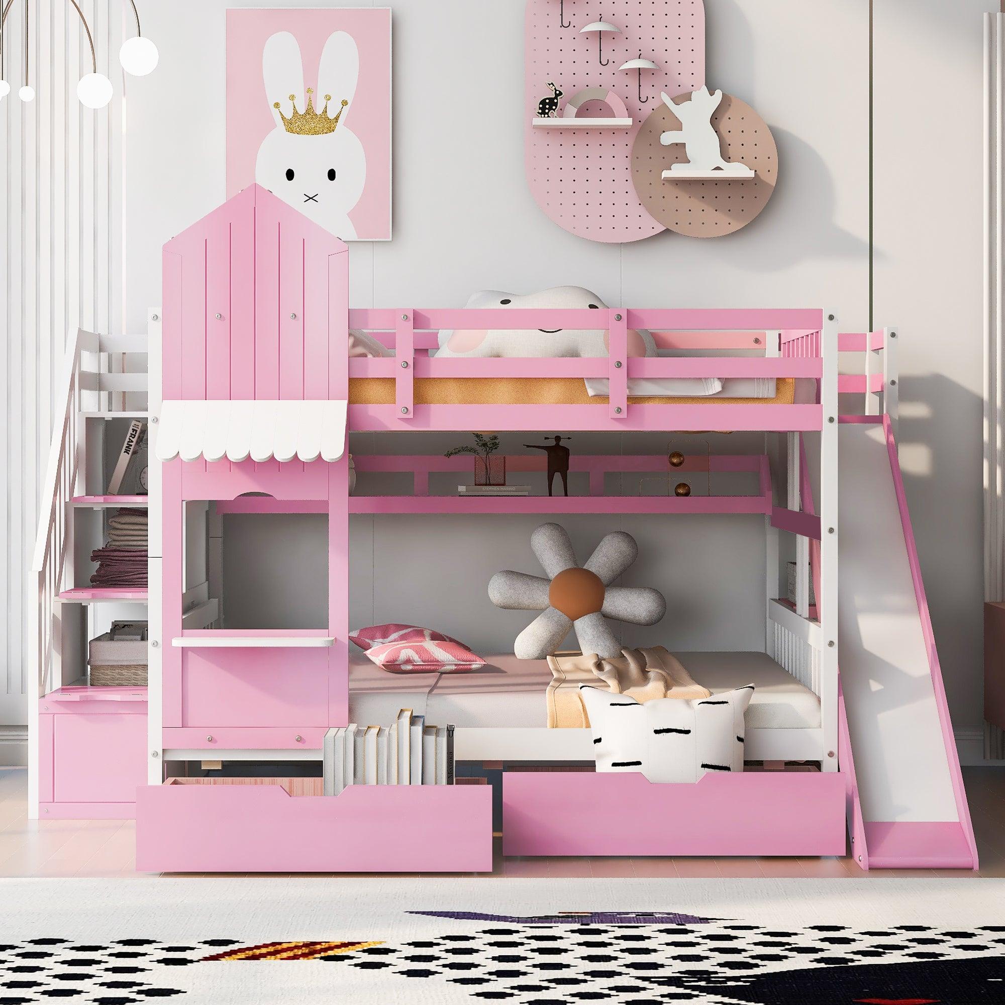 🆓🚛 Full-Over-Full Castle Style Bunk Bed With 2 Drawers 3 Shelves & Slide, Pink