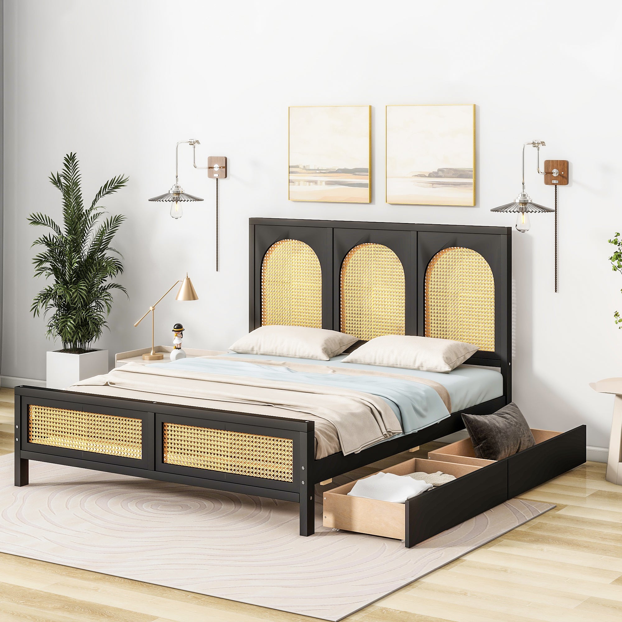 🆓🚛 Full Size Wood Storage Platform Bed With 2 Drawers, Rattan Headboard and Footboard, Black
