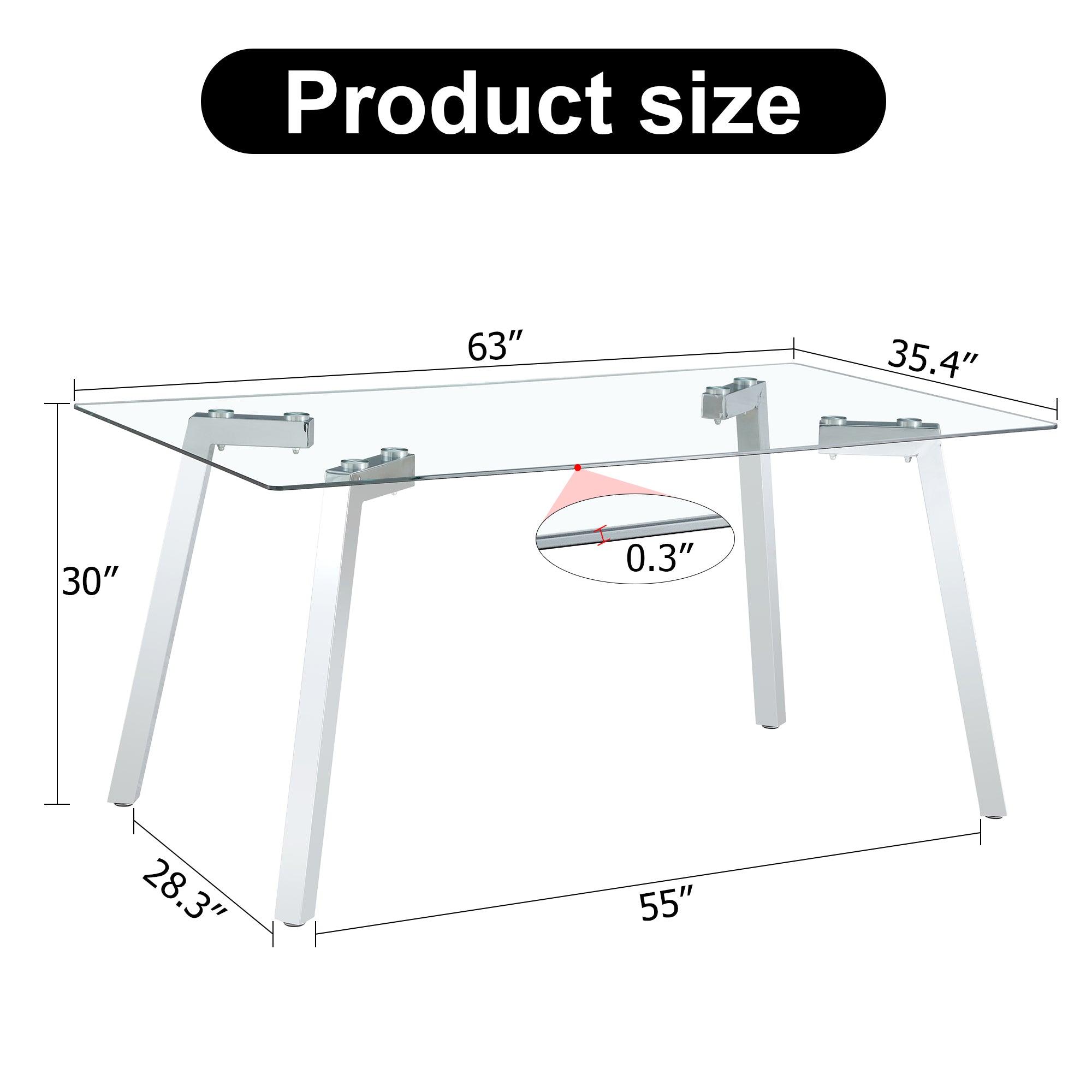 A Modern Minimalist Rectangular Glass Dining Table With Tempered Glass Tabletop And Silver Metal Legs, Suitable For Kitchens, Restaurants, And Living Rooms, 63"*35.4"*30"