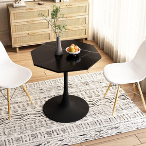 31.50" Modern Octagonal Coffee Table with Printed Black Marble Table Top, Metal Base, for Dining Room, Kitchen, Living Room