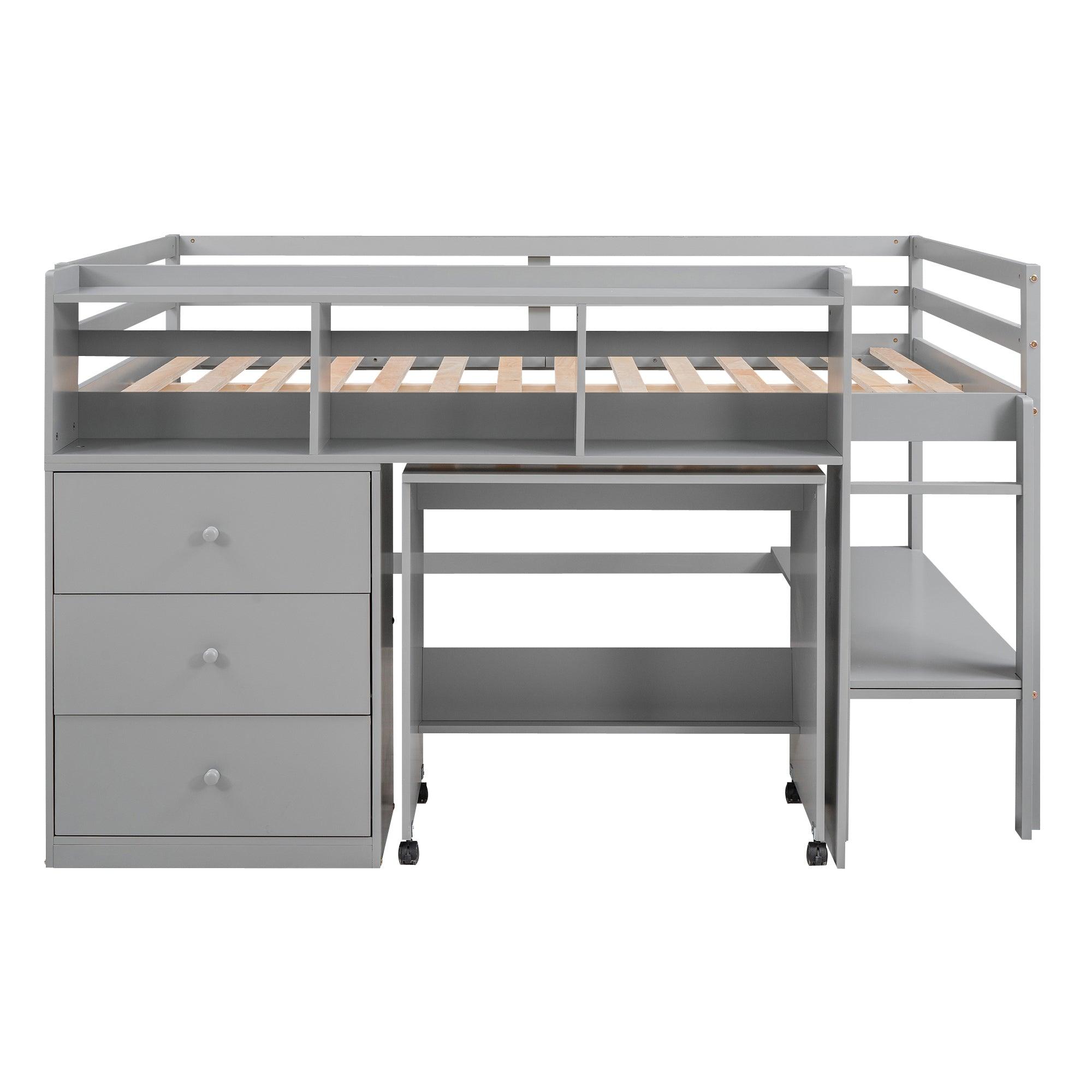 Full Size Low Loft Bed with Rolling Portable Desk, Drawers and Shelves, Gray