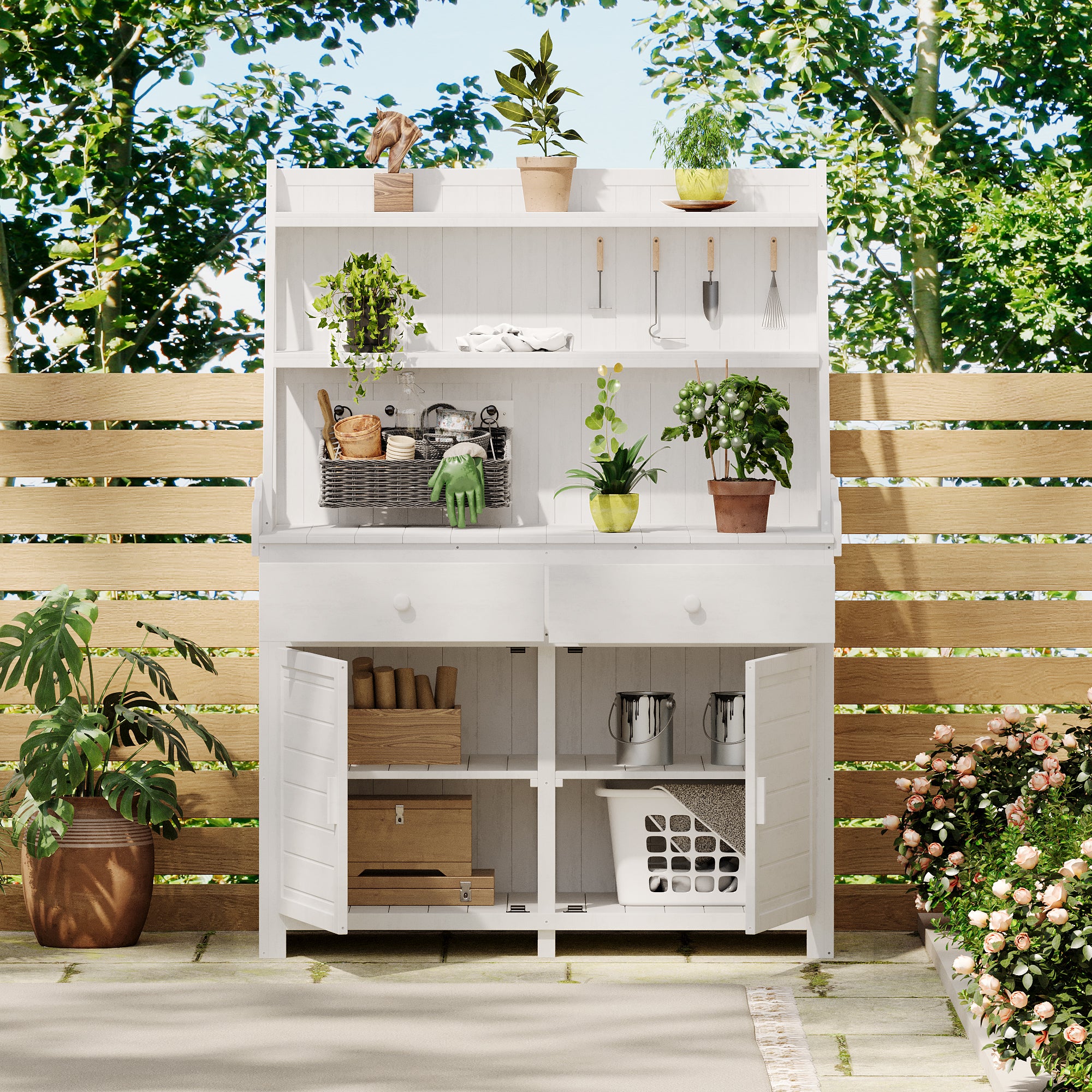 🆓🚛 65" Garden Potting Bench Table, Fir Wood Workstation With Storage Shelf, Drawer and Cabinet, White