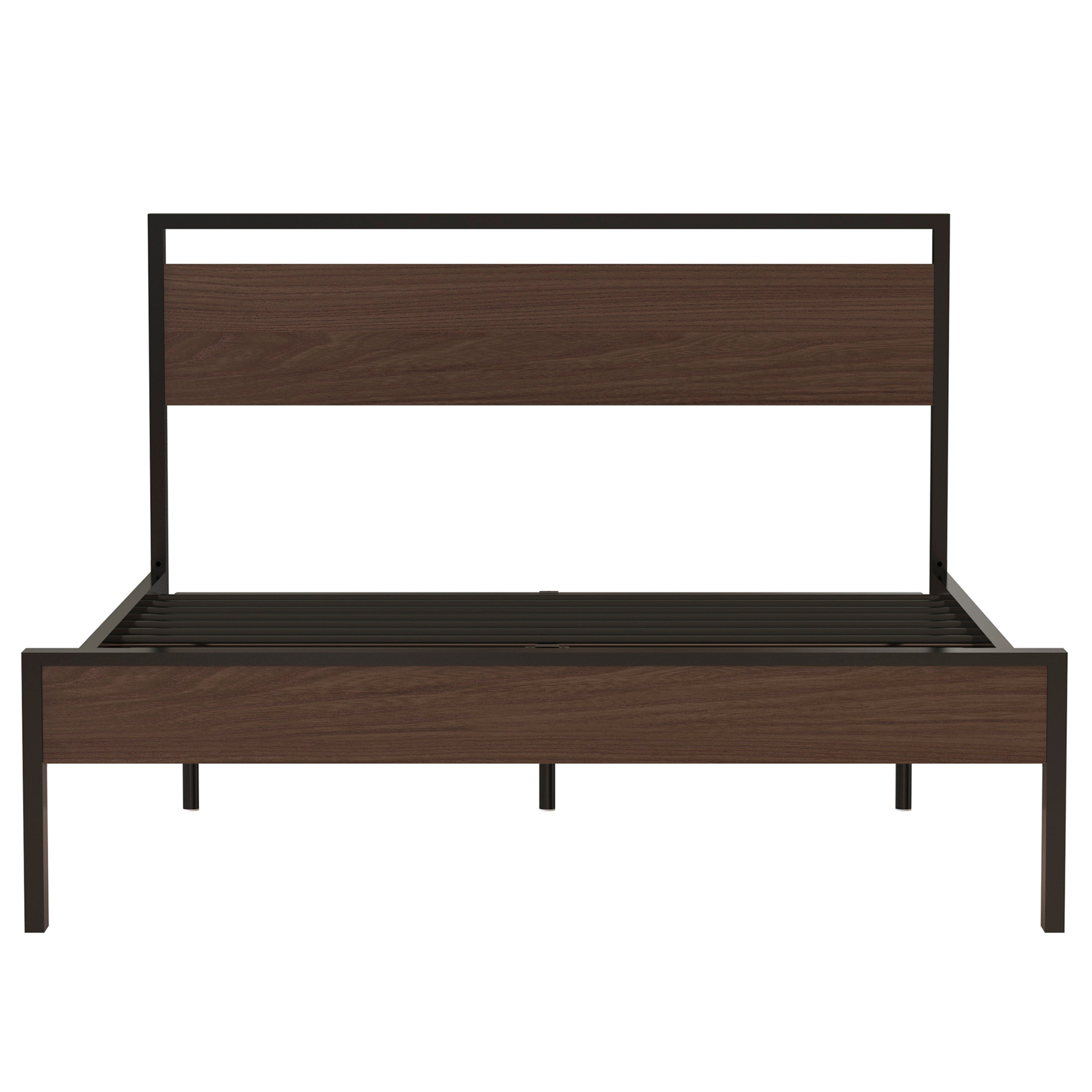 Ceres Queen Size Metal Platform Bed Frame with Wooden Headboard and Footboard, Mattress Foundation, No Box Spring Needed, Large Under Bed Storage, Non-Slip Without Noise, Walnut