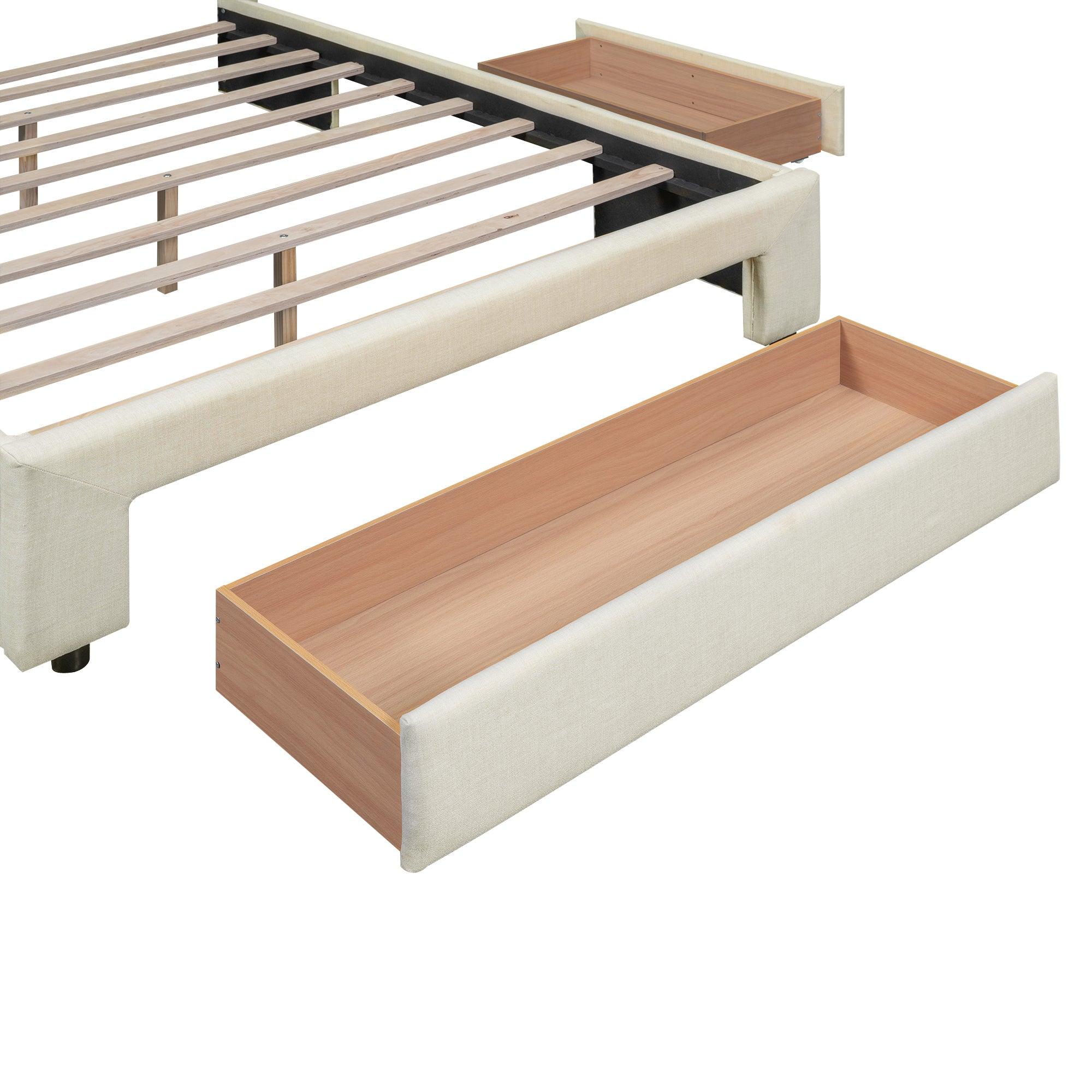 Full Size Upholstered Platform Bed with One Large Drawer in the Footboard and Drawer on Each Side, Beige