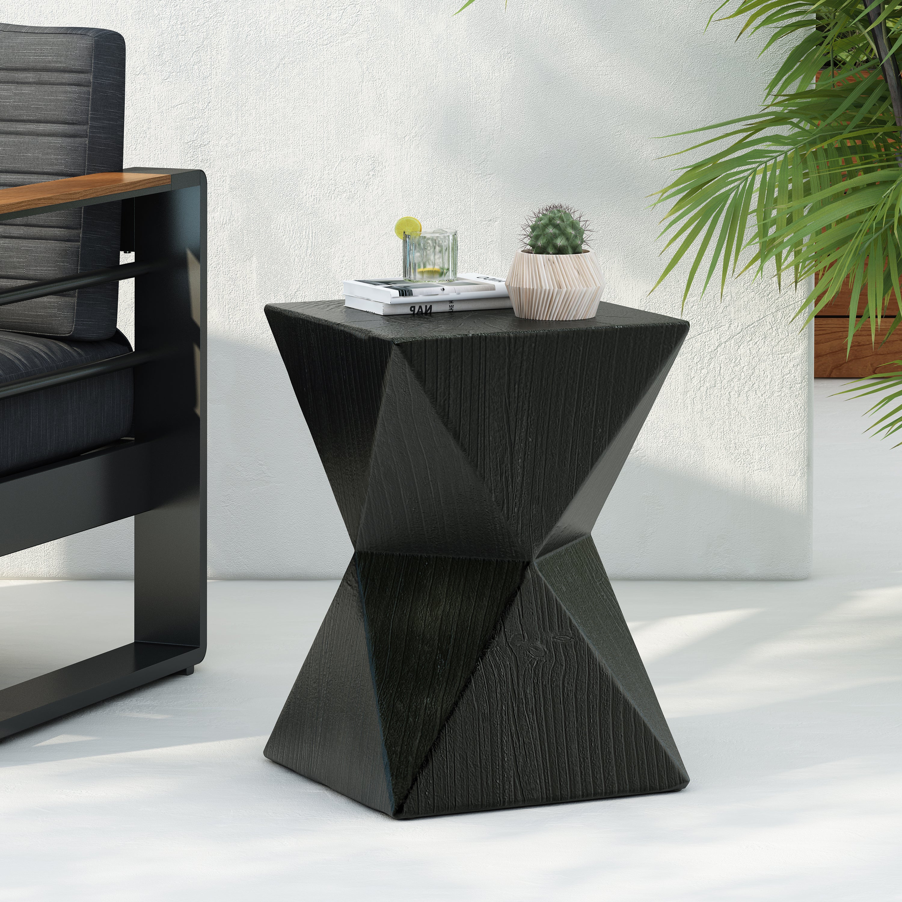 14.25" Black Concrete Side Table With Rustic Hand-Carved Texture and Unique Symmetric Form, Weather-Resistant, Accent for Patio, Garden, Or Balcony