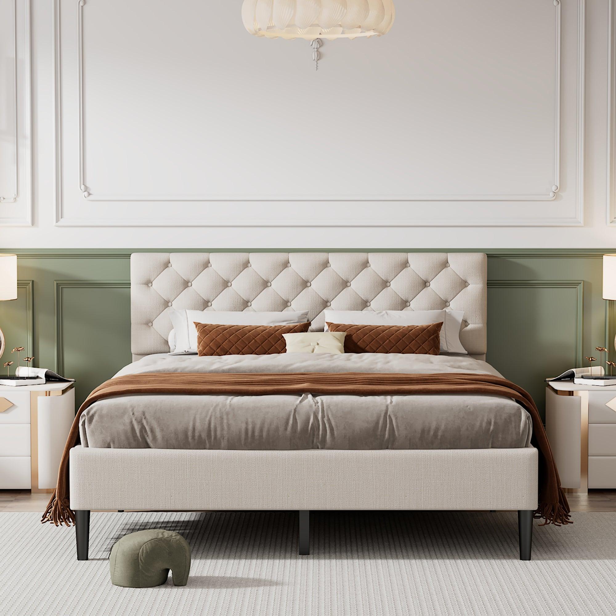 🆓🚛 Upholstered Linen Platform Bed, Queen Size, Beige