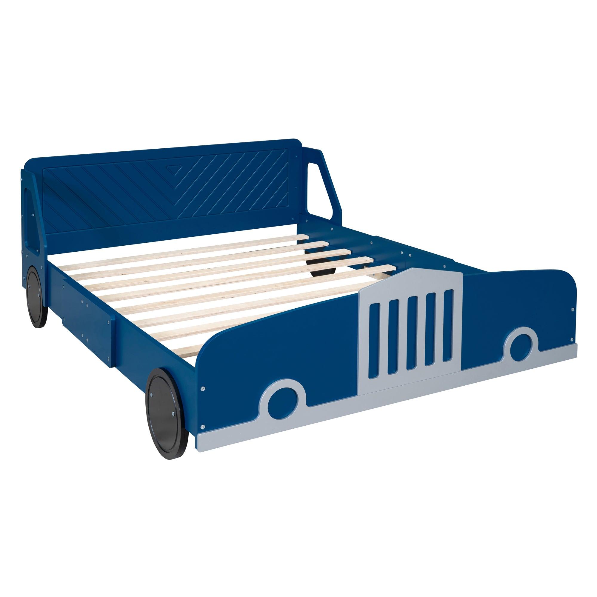 Full Size Car-Shaped Platform Bed with Wheels, Blue